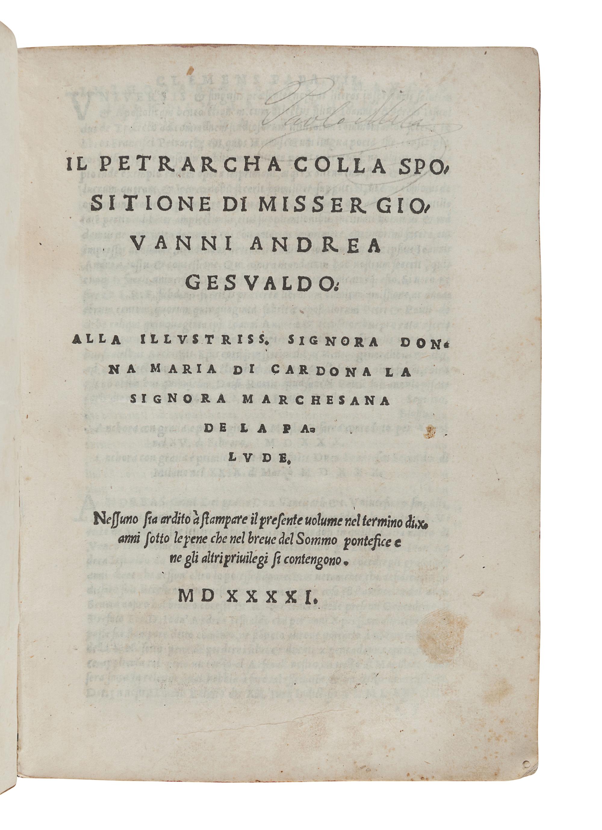 PETRARCA, Francesco (1304-1374), Canzonieri. Il Petrarcha colla spositione di Misser Giovanni Andrea Gesualdo. Venice: Giovanni Antonio and Nicolini da Sabio, 1541.