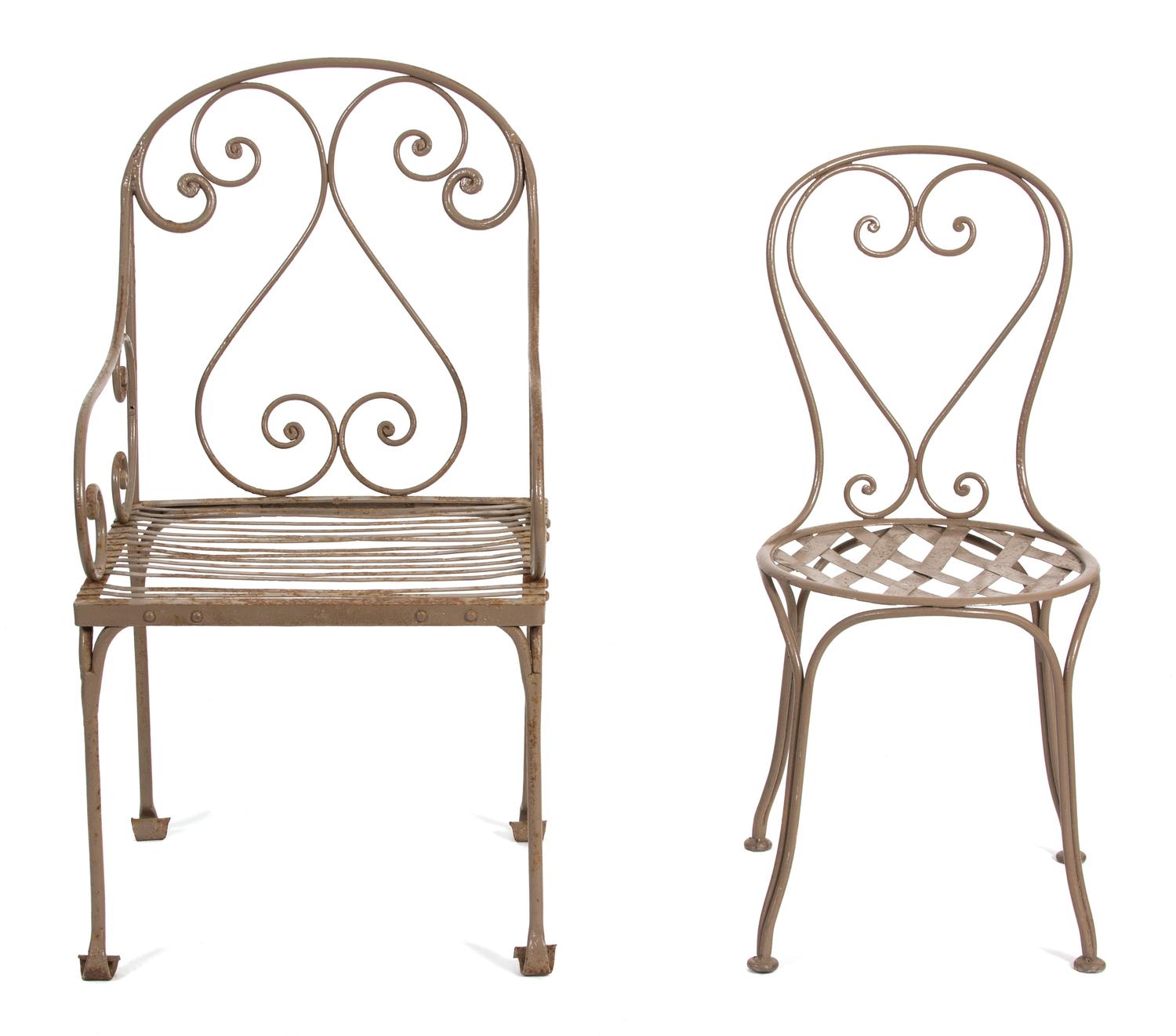 A Set of Ten Painted Wrought Iron Outdoor Dining Table and Chairs Height of chairs 32 inches. — 20TH CENTURY