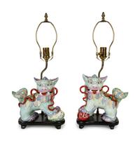 A Pair of Chinese Export Porcelain Buddhistic Lions Mounted as Lamps