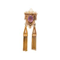 VICTORIAN, GOLD-FILLED, AMETHYST AND SEED PEARL TASSEL PENDANT/BROOCH
