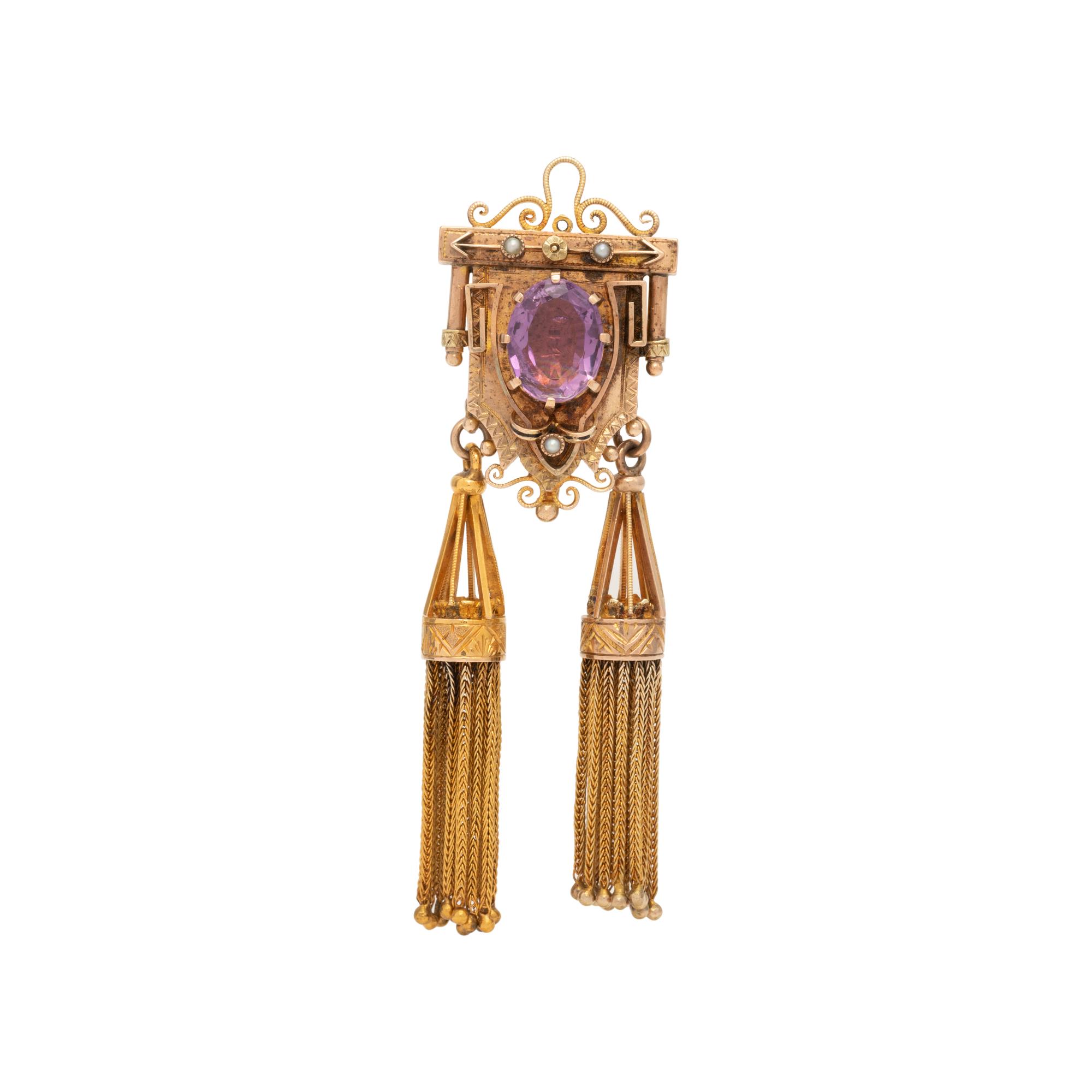 VICTORIAN, GOLD-FILLED, AMETHYST AND SEED PEARL TASSEL PENDANT/BROOCH