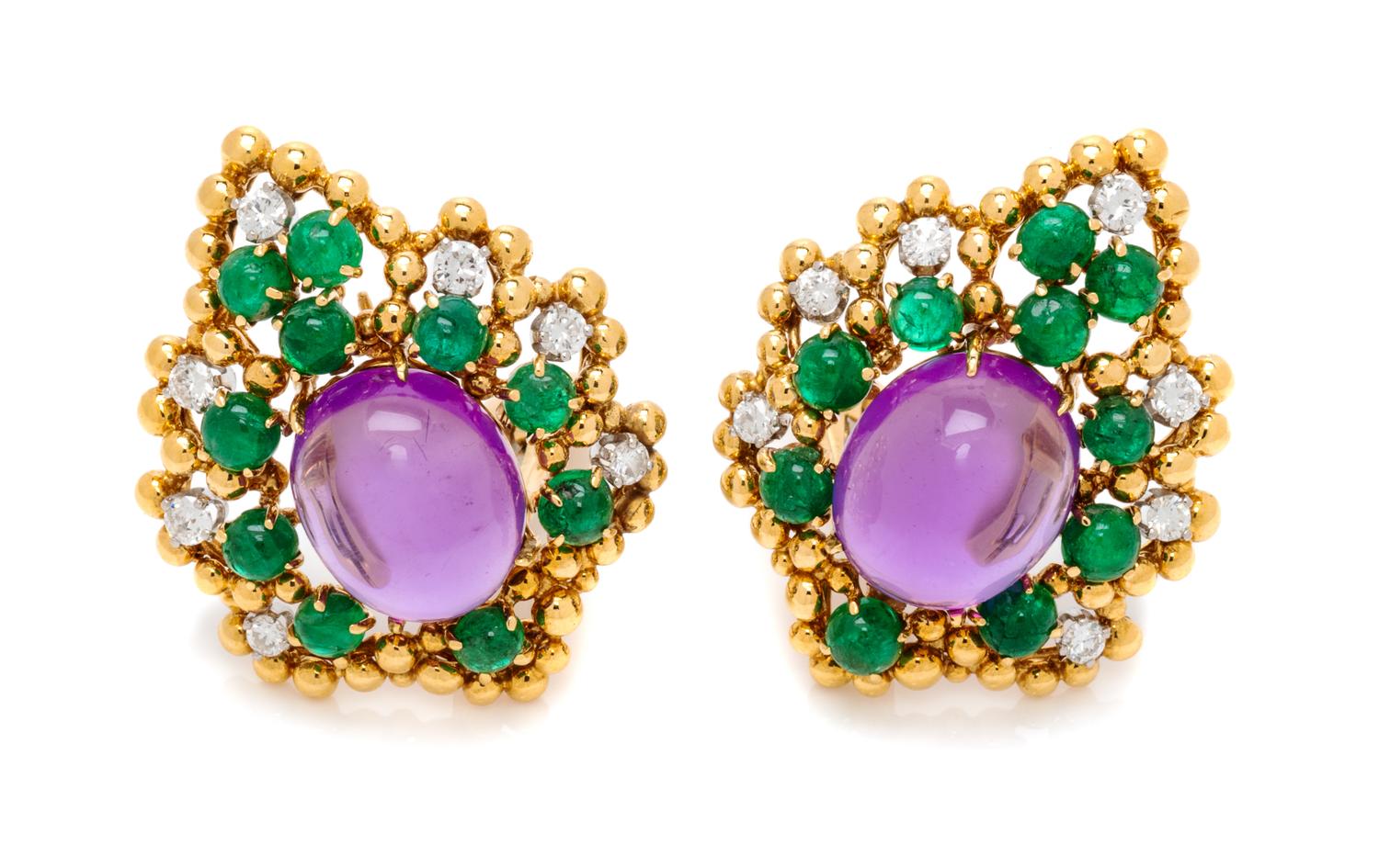 A Pair of Yellow Gold, Platinum, Amethyst, Emerald and Diamond Earclips, David Webb, 18.50 dwts.