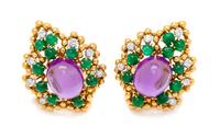 A Pair of Yellow Gold, Platinum, Amethyst, Emerald and Diamond Earclips, David Webb, 18.50 dwts.
