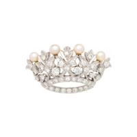 WHITE GOLD, DIAMOND, AND CULTURED PEARL CROWN BROOCH/PENDANT