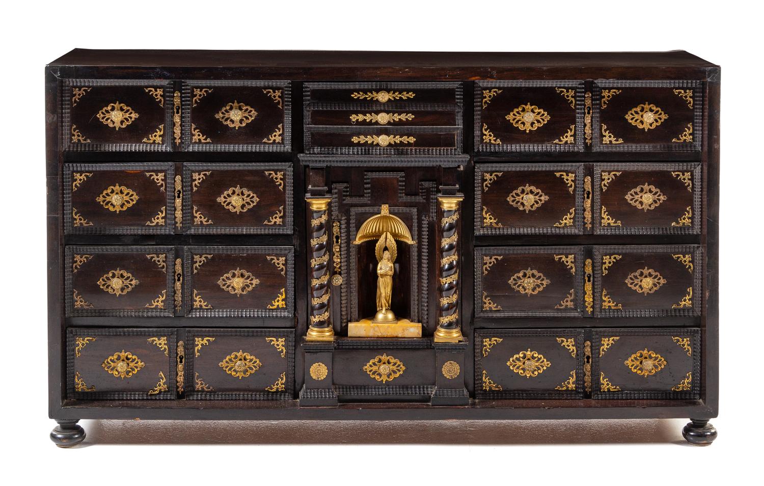 A Flemish Style Gilt Metal and Bronze Mounted Mahogany Cabinet Height 24 1/8 x width 42 x depth 12 1/4 inches. — 20TH CENTURY