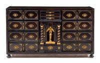 A Flemish Style Gilt Metal and Bronze Mounted Mahogany Cabinet Height 24 1/8 x width 42 x depth 12 1/4 inches. — 20TH CENTURY