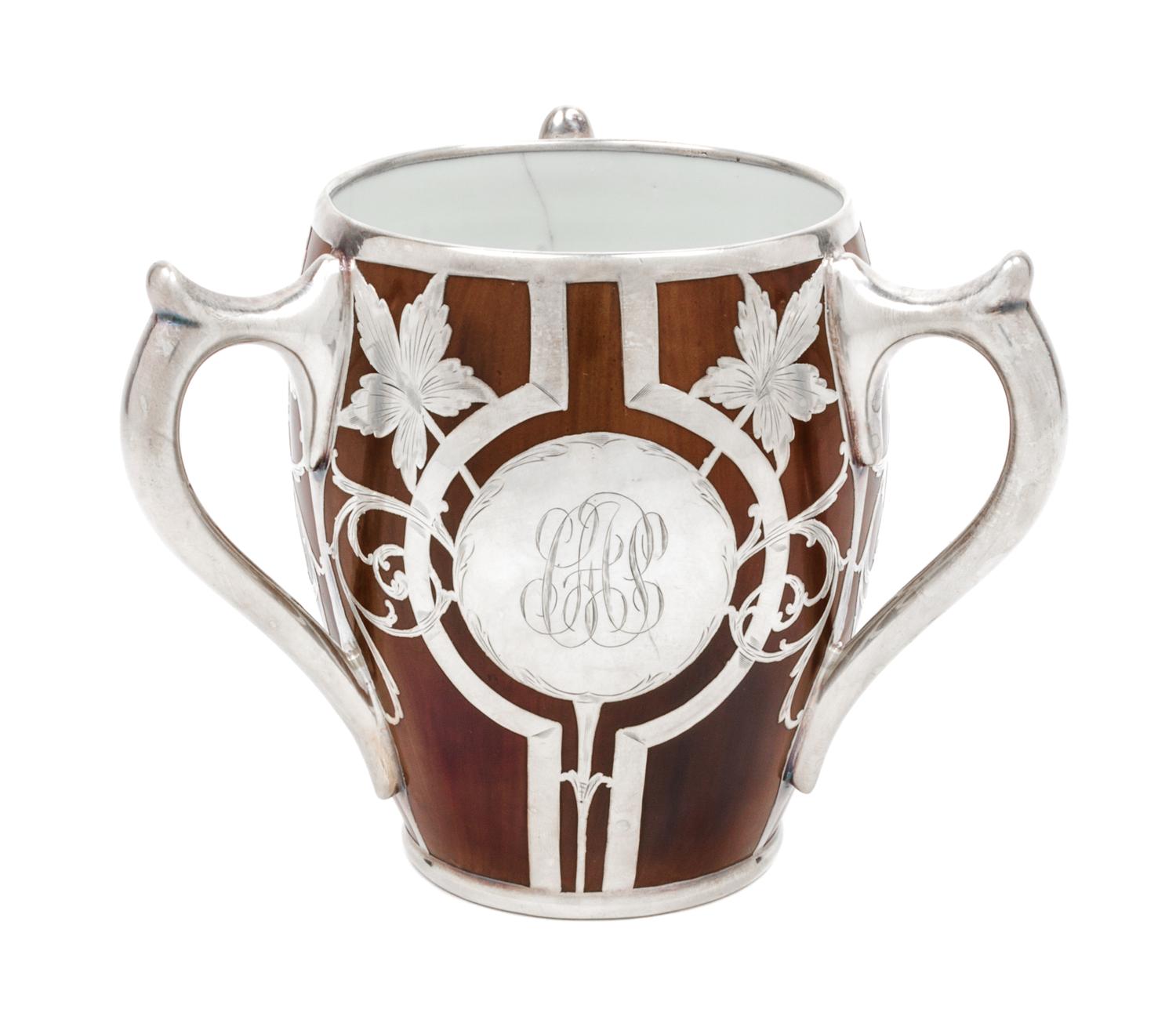 A Silver Overlay Porcelain Loving Cup Height 5 1/8 inches.