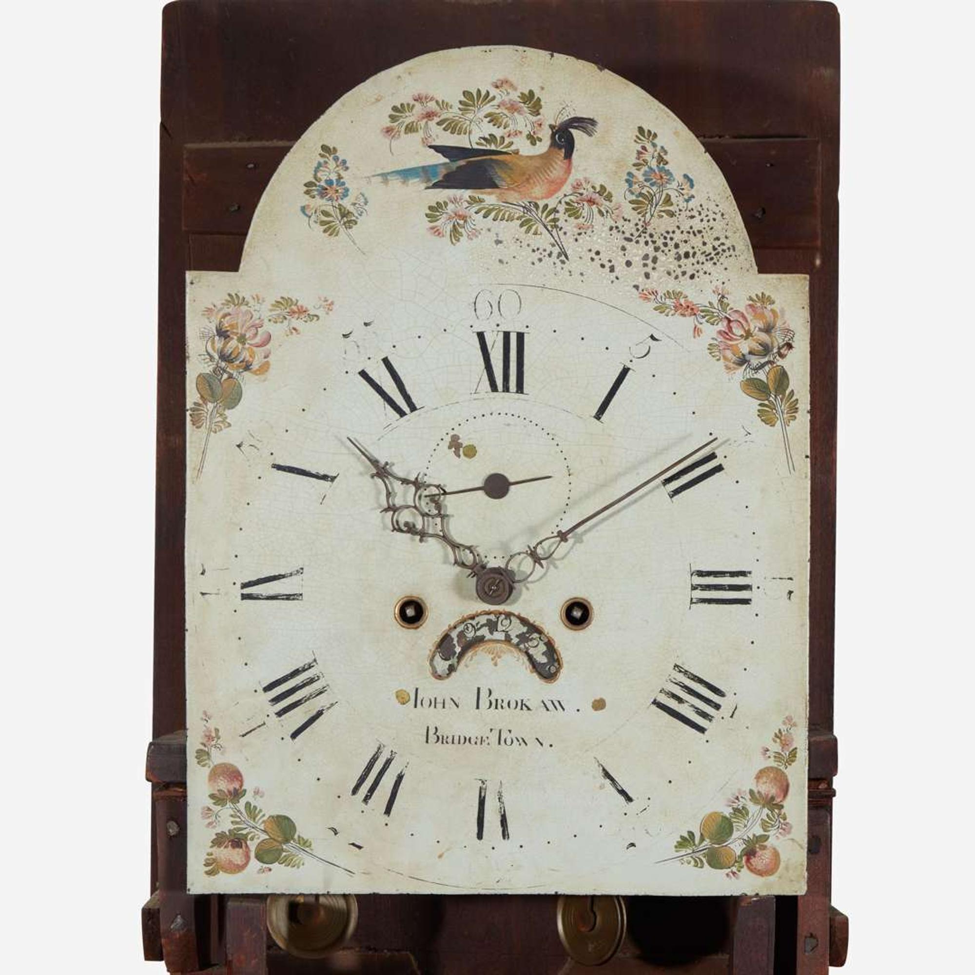 A Federal inlaid mahogany tall case clock Works by John Brokaw, Bridge Town, what is now Rahway, NJ, circa 1800