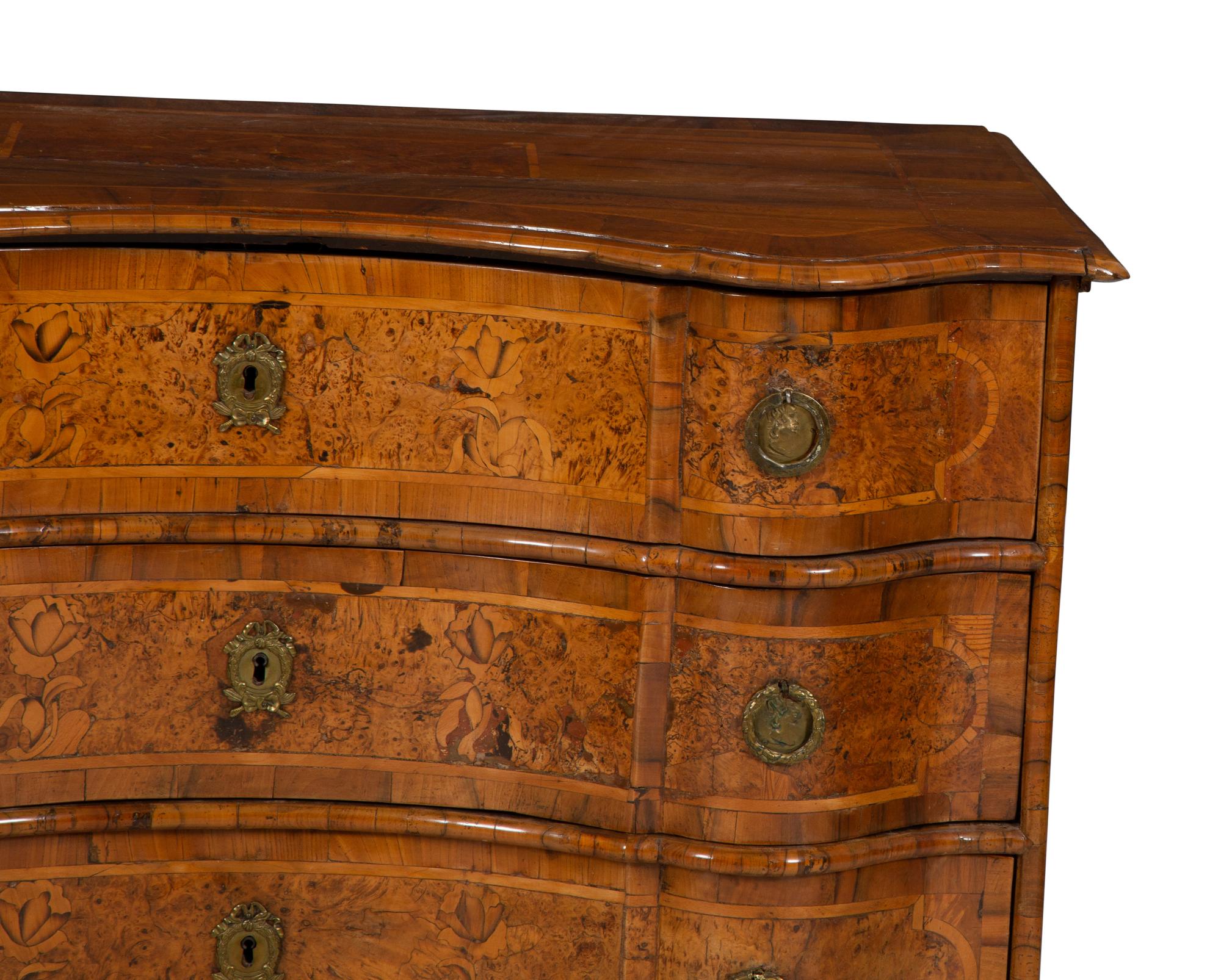 A German Baroque Burl Walnut Marquetry Serpentine Chest of Drawers