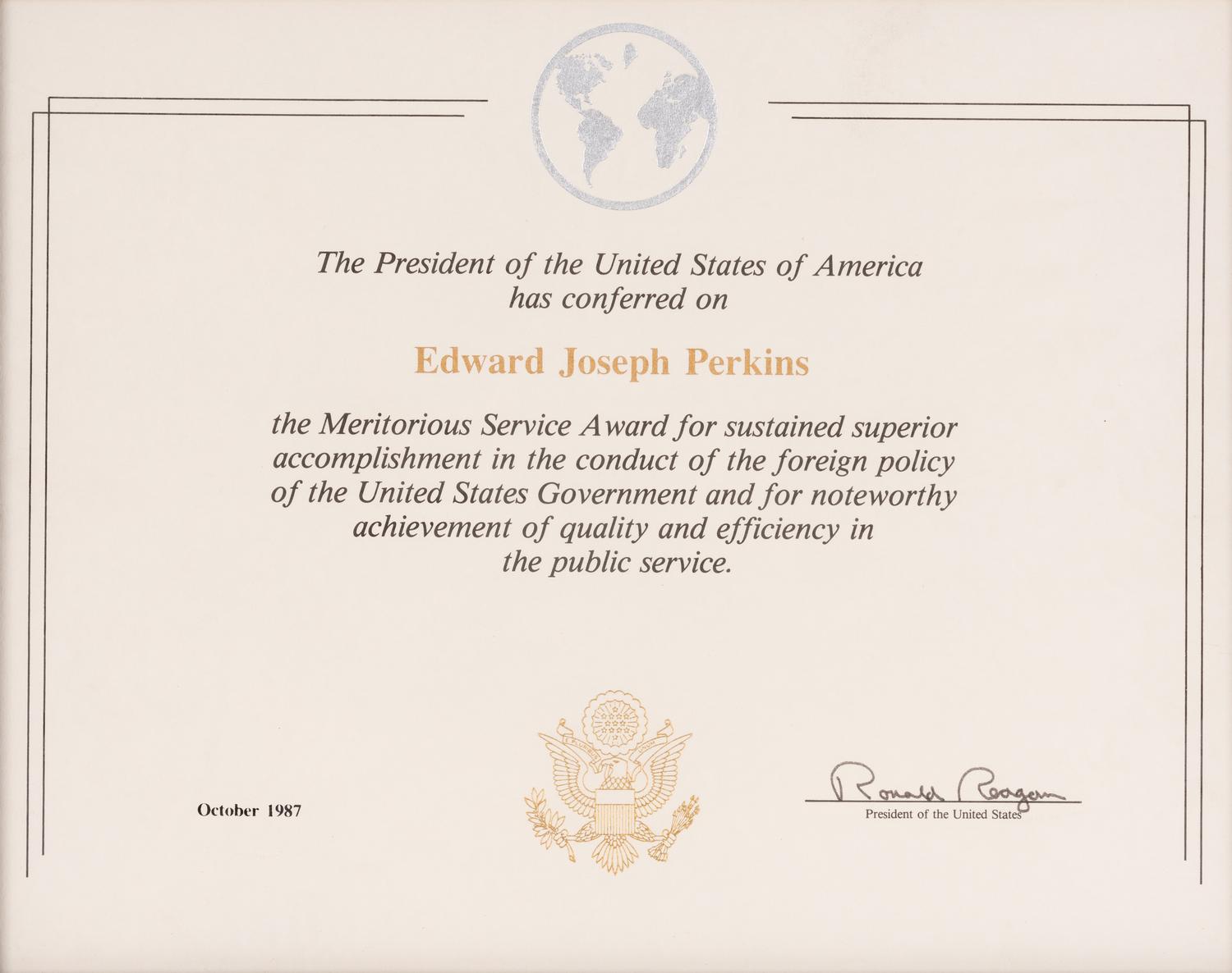 [PERKINS, Edward Joseph (1928-2020)]. A group of 9 documents or photographs by Presidents Nixon, Reagan, or Bush to Perkins, presumably with secretarial or facsimile signatures, including: