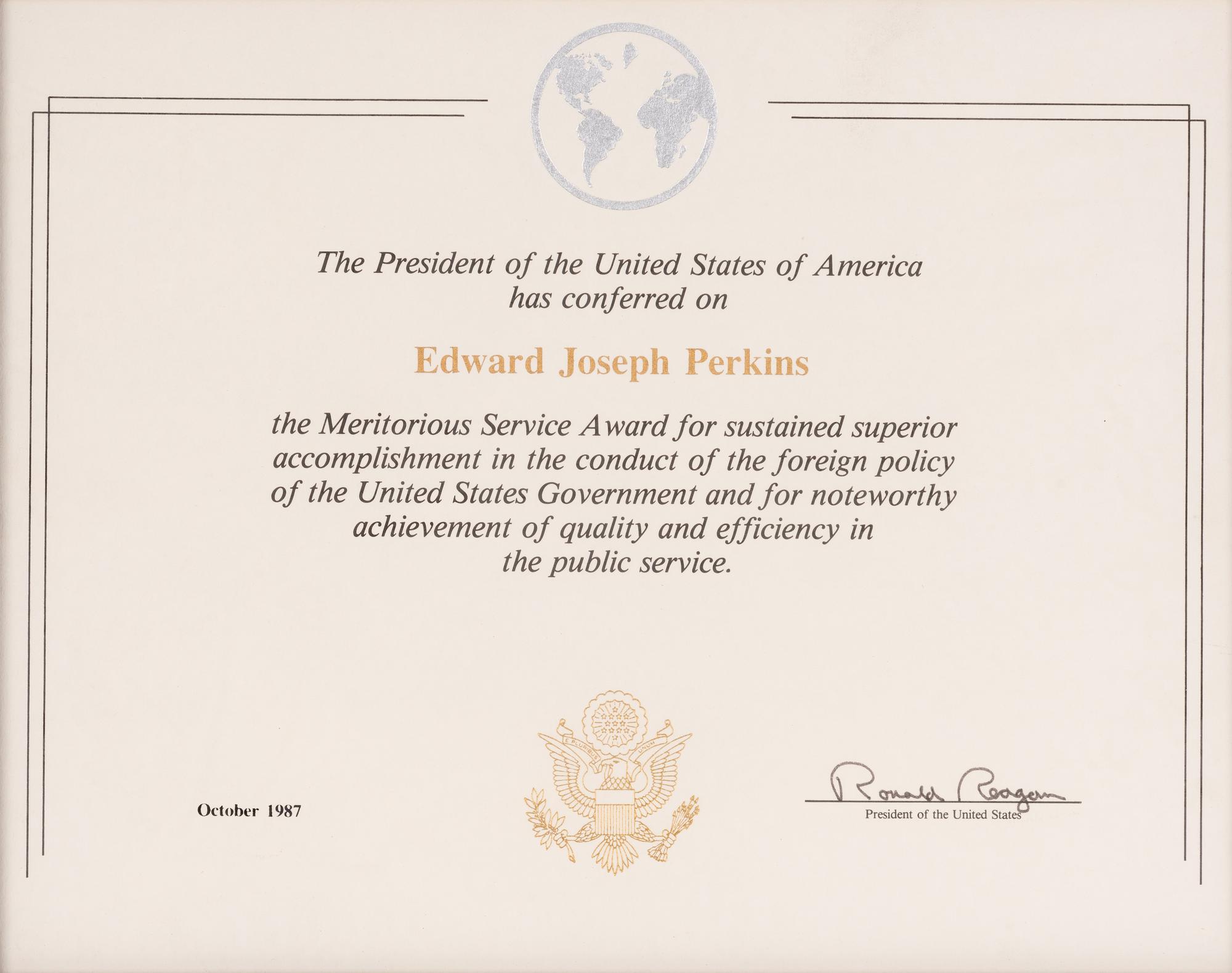 [PERKINS, Edward Joseph (1928-2020)]. A group of 9 documents or photographs by Presidents Nixon, Reagan, or Bush to Perkins, presumably with secretarial or facsimile signatures, including: