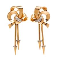 A Pair of Retro Rose Gold and Diamond Earclips, 17.20 dwts.