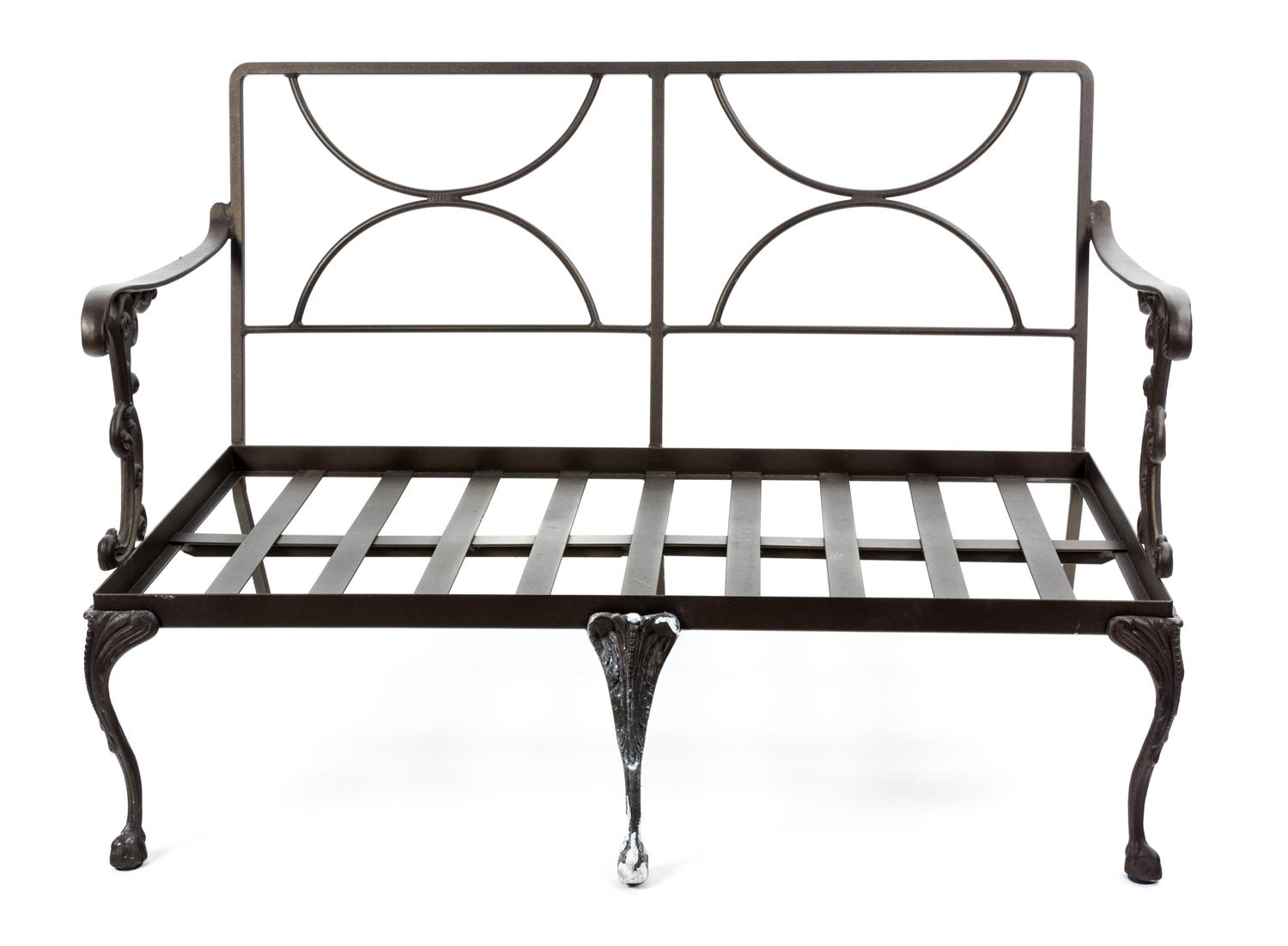 An Assembled Suite of Neoclassical Style Metal Patio Furniture Height 30 x width 44 x depth 24 inches.