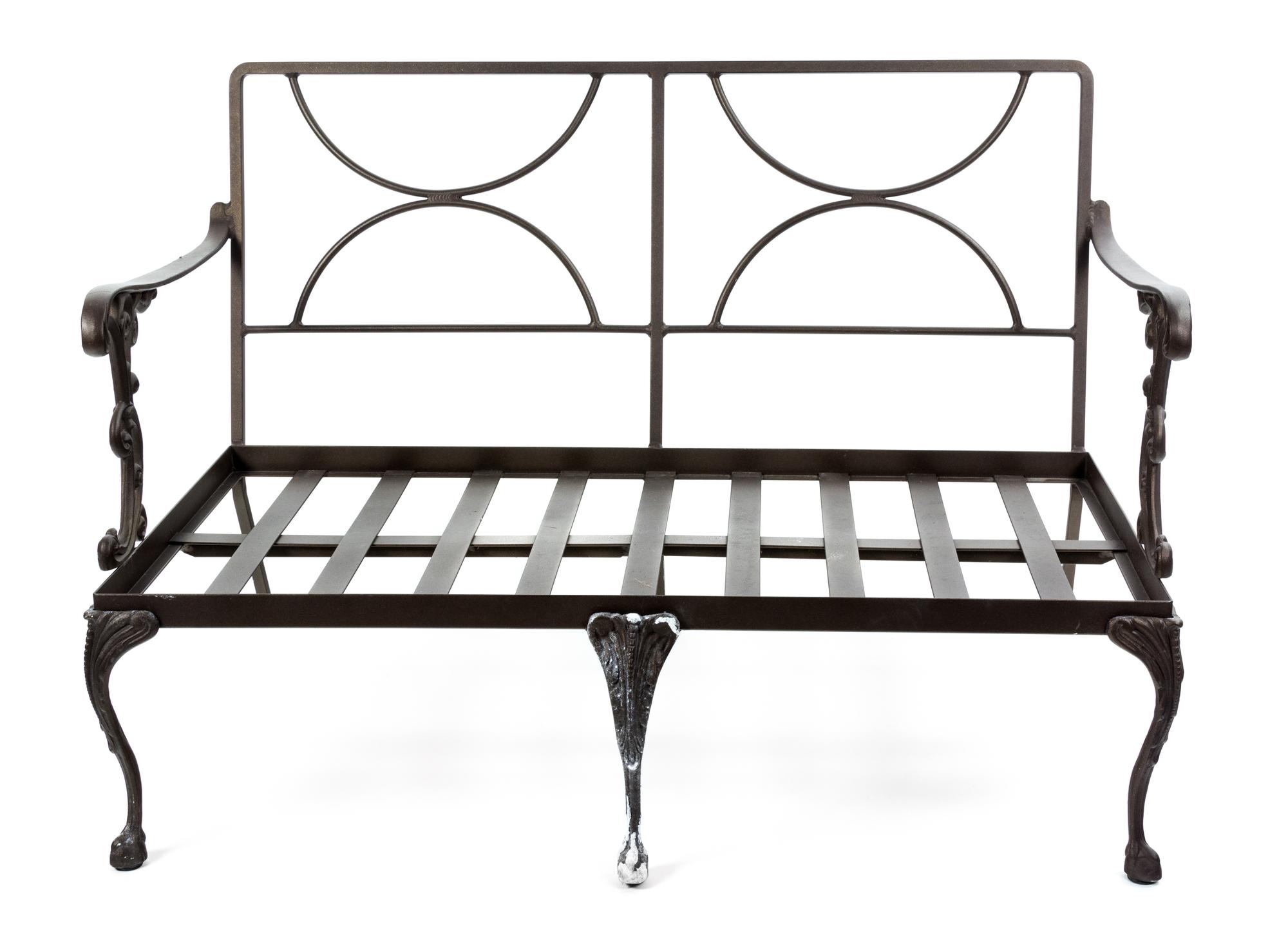 An Assembled Suite of Neoclassical Style Metal Patio Furniture Height 30 x width 44 x depth 24 inches.