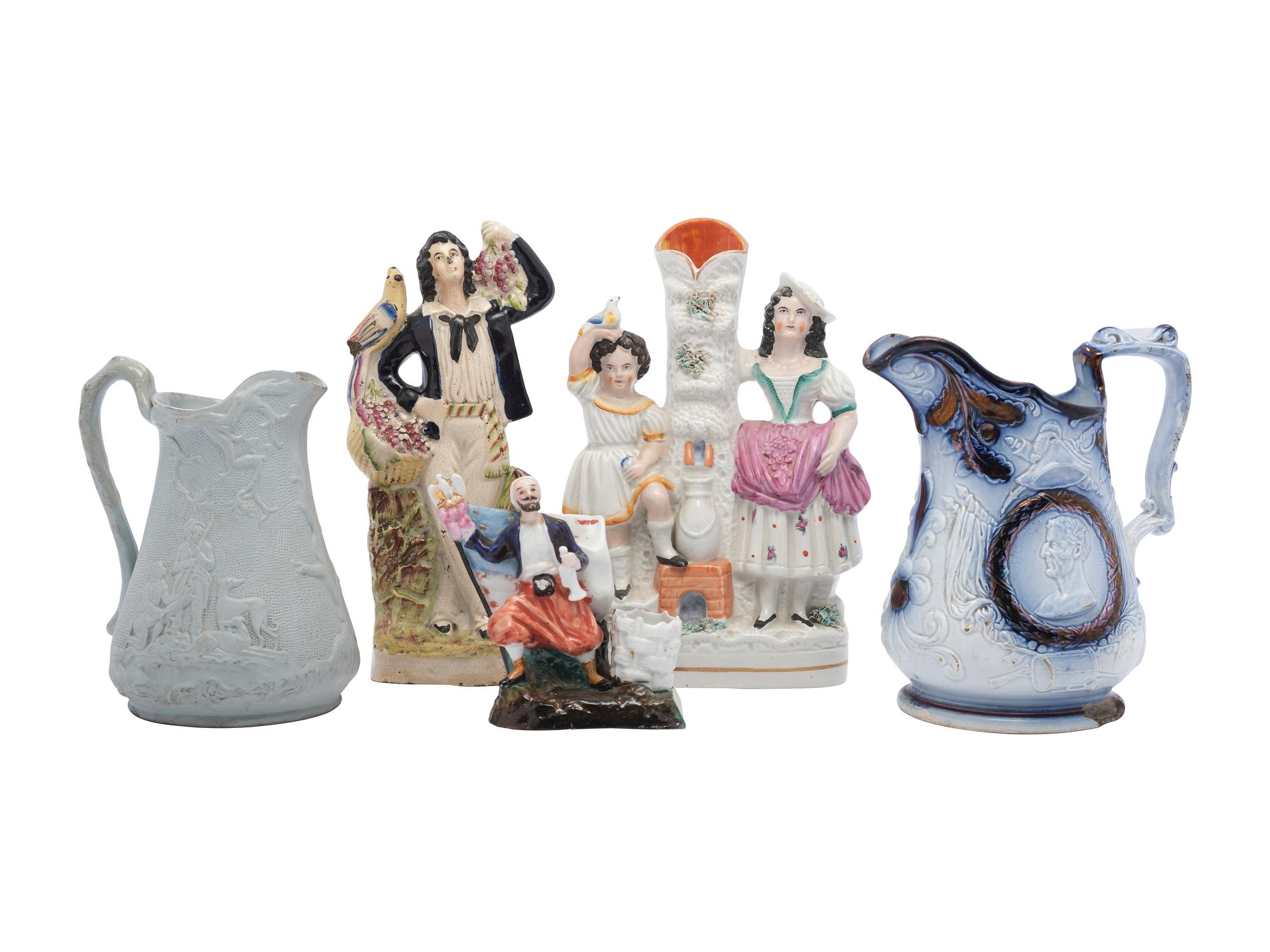 A Group of Staffordshire Figures and Pitchers