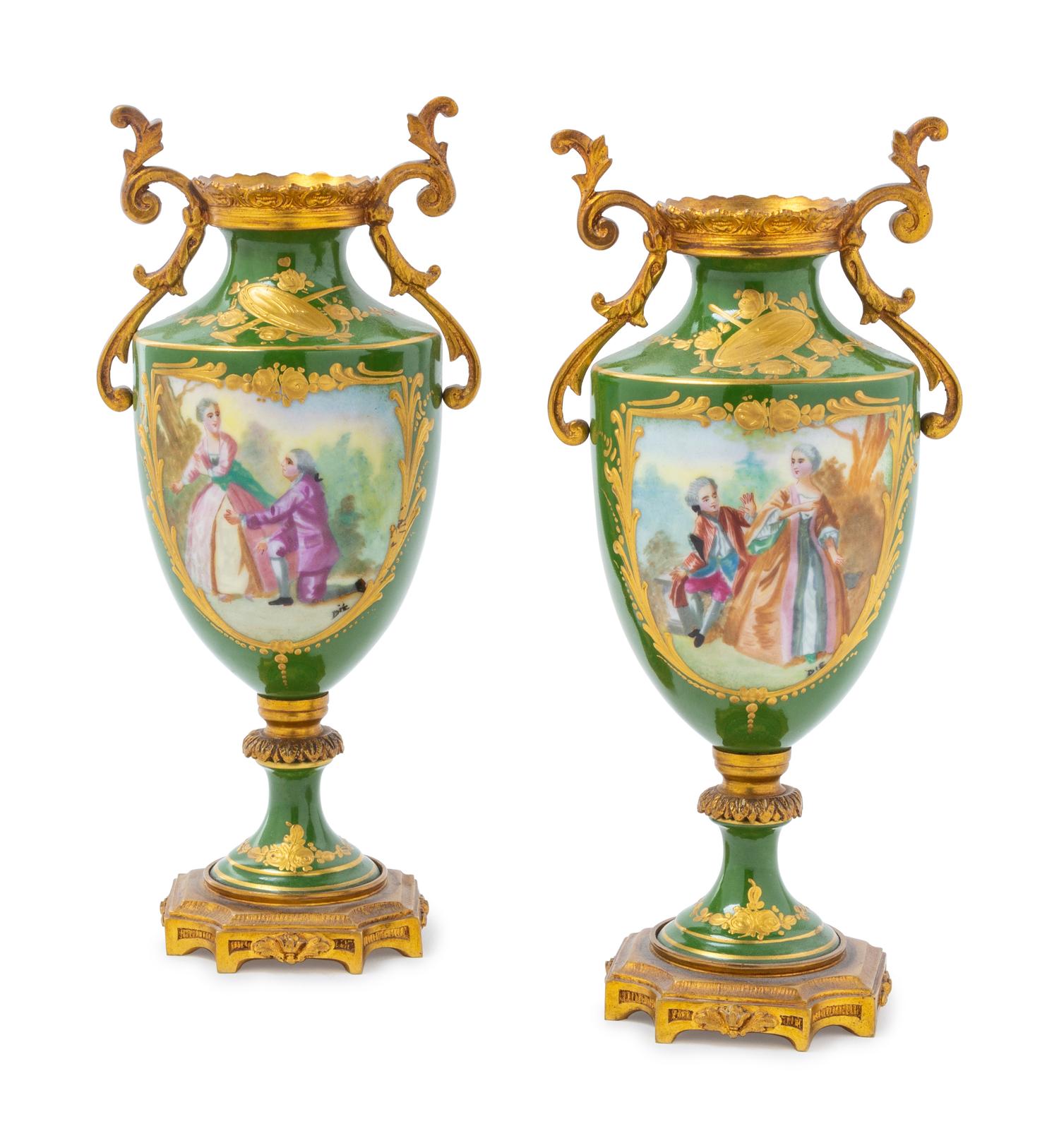 A Pair of Sevres Style Gilt Metal Mounted Porcelain Vases