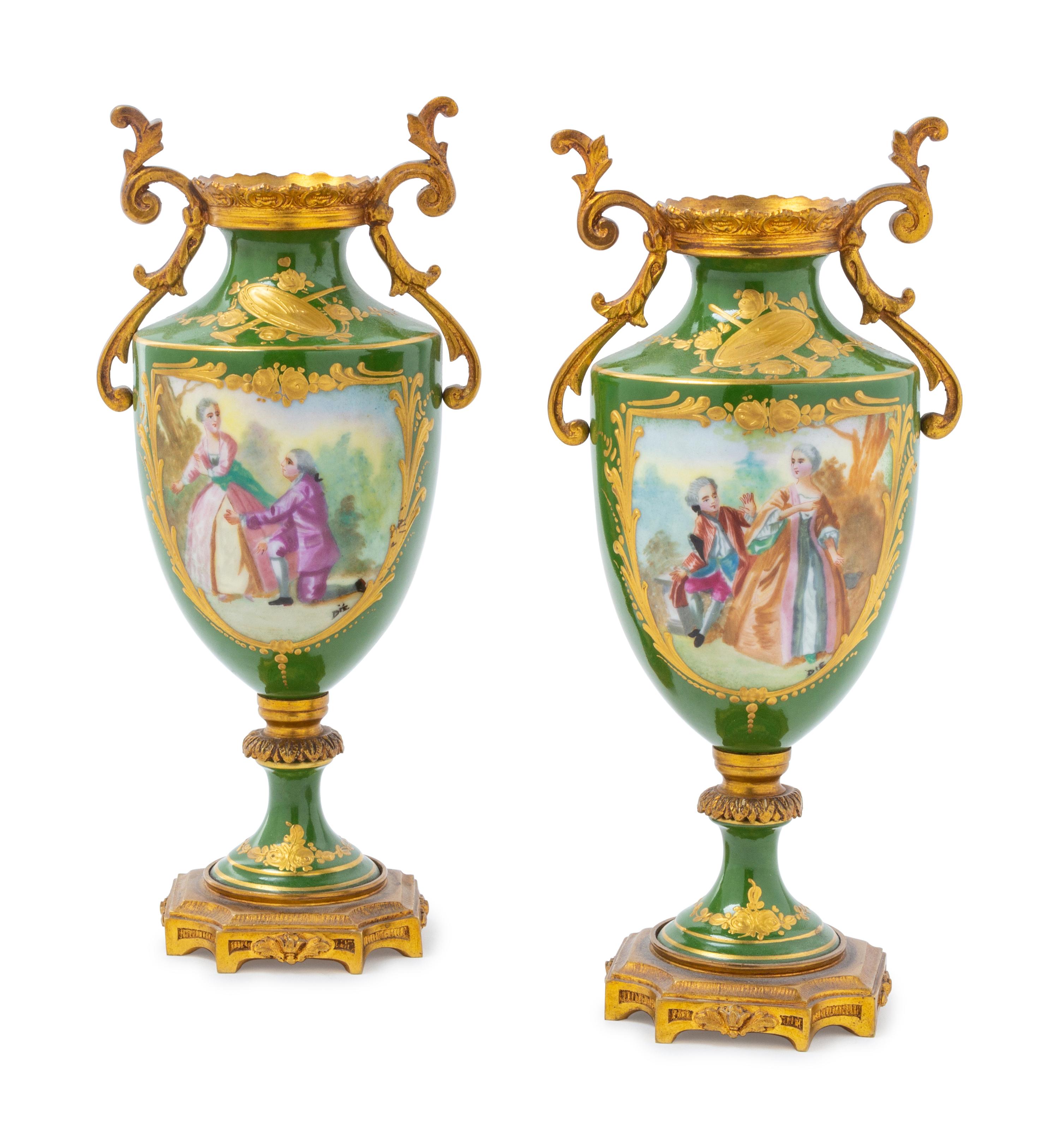 A Pair of Sevres Style Gilt Metal Mounted Porcelain Vases