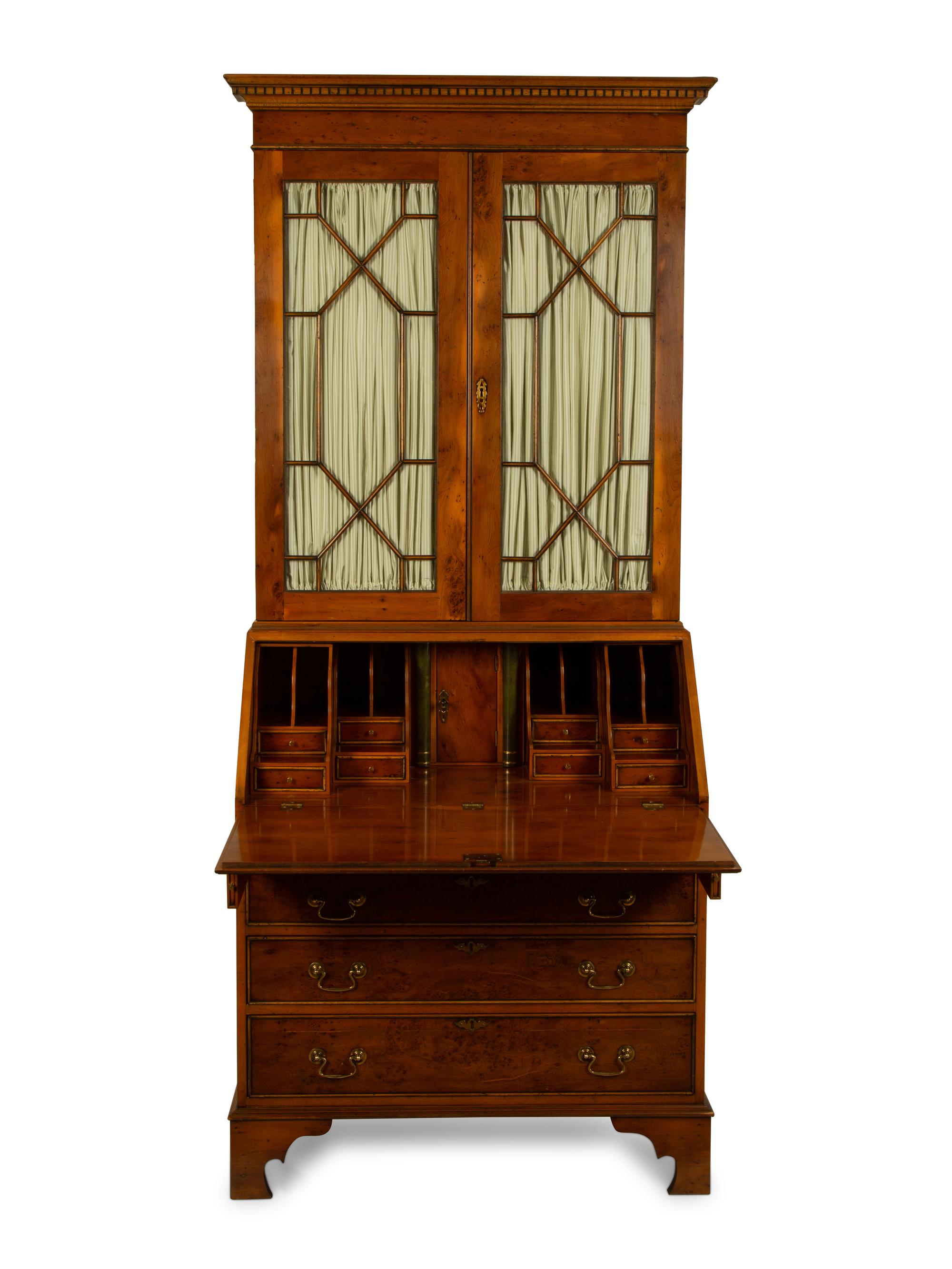 A George III Style Burlwood and Pine Secretary/Bookcase — 20TH CENTURY