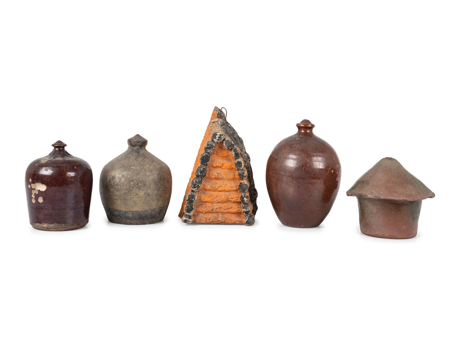 Five Redware and Stoneware Birdhouses