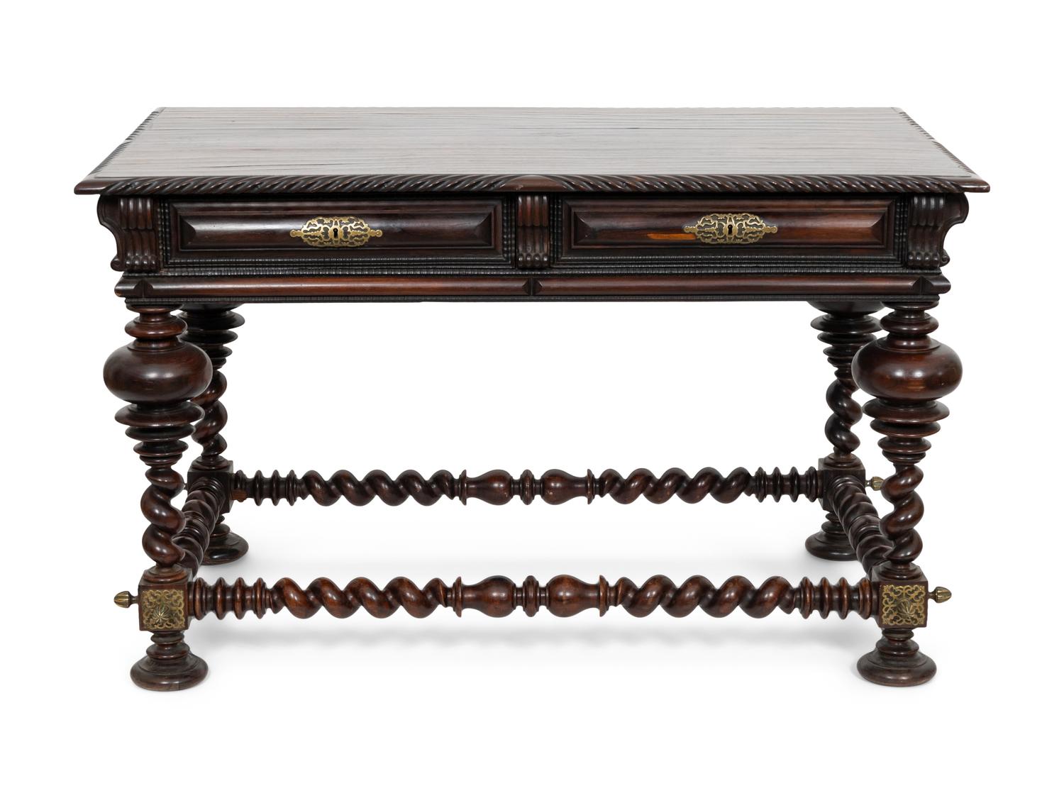 A Portuguese Baroque Style Brass Mounted Rosewood Library Table