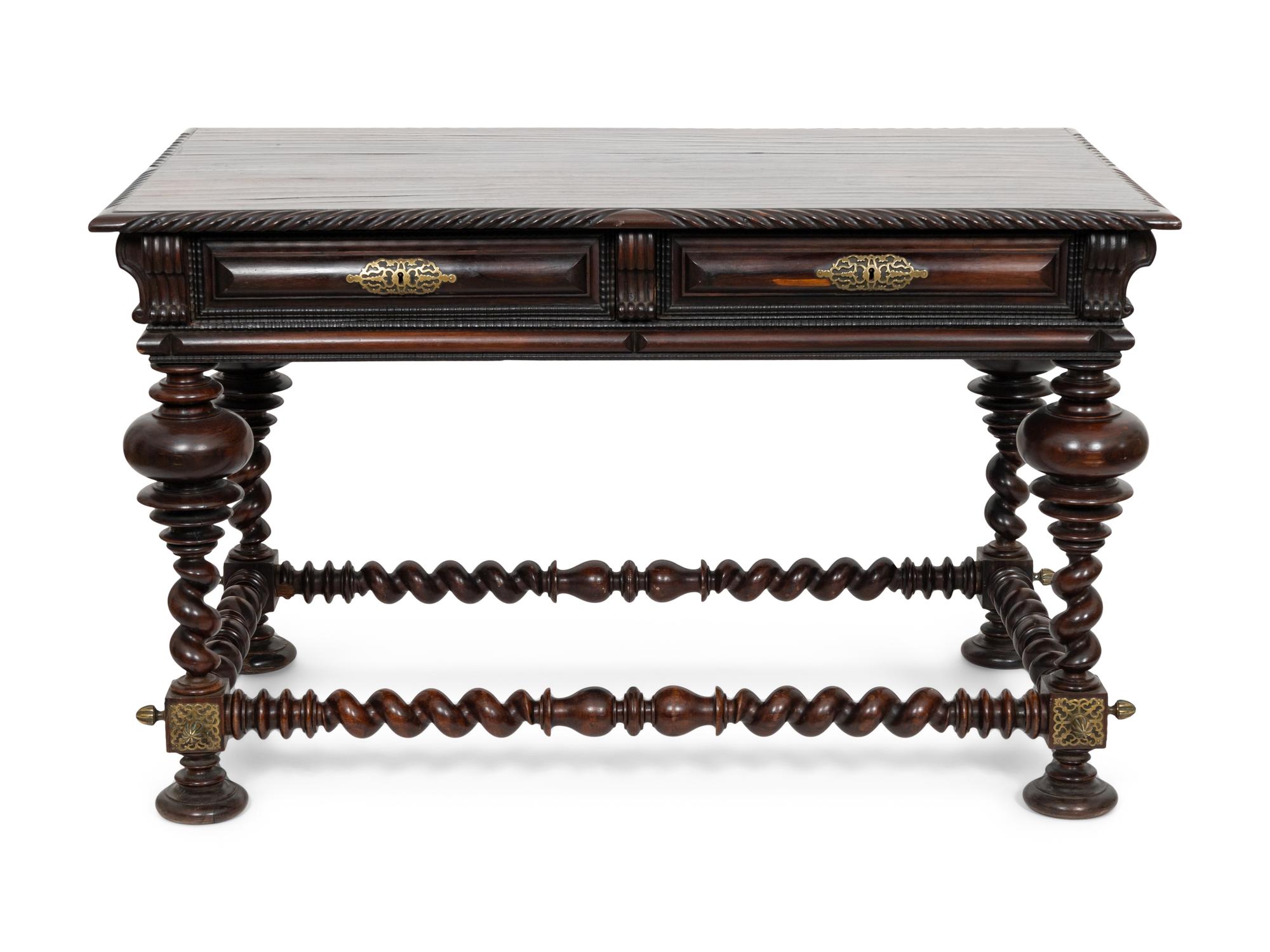 A Portuguese Baroque Style Brass Mounted Rosewood Library Table