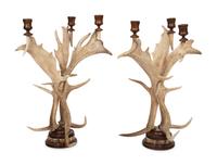 A Pair of Antler Mounted Three-Light Candelabra