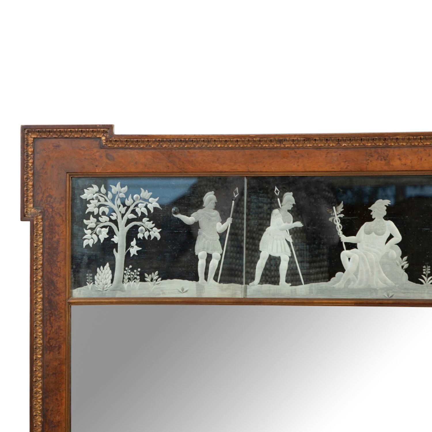 An Edwardian Carved Walnut and Etched Glass Overmantel Mirror