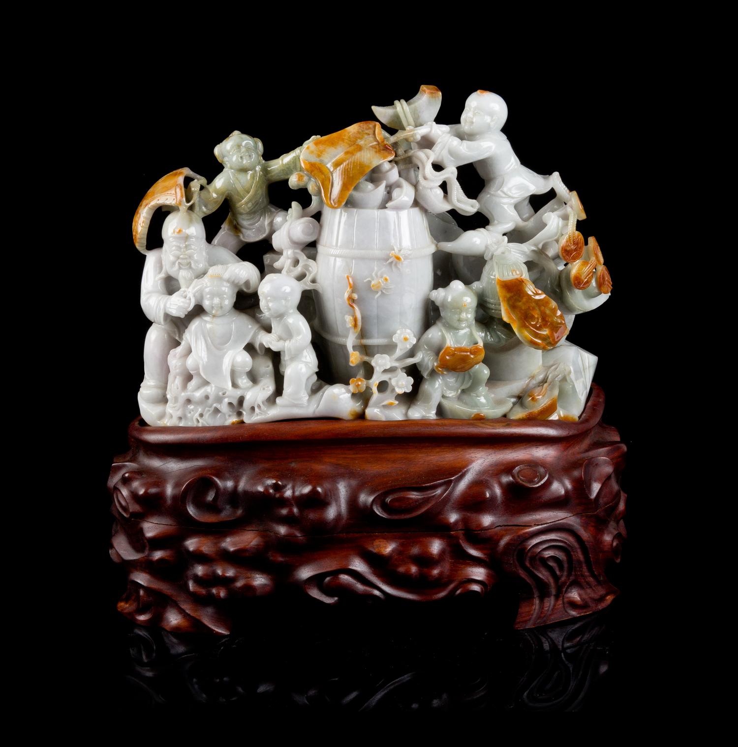 A Large Jadeite Figural Group Height 9 1/2 inches. — 20TH CENTURY