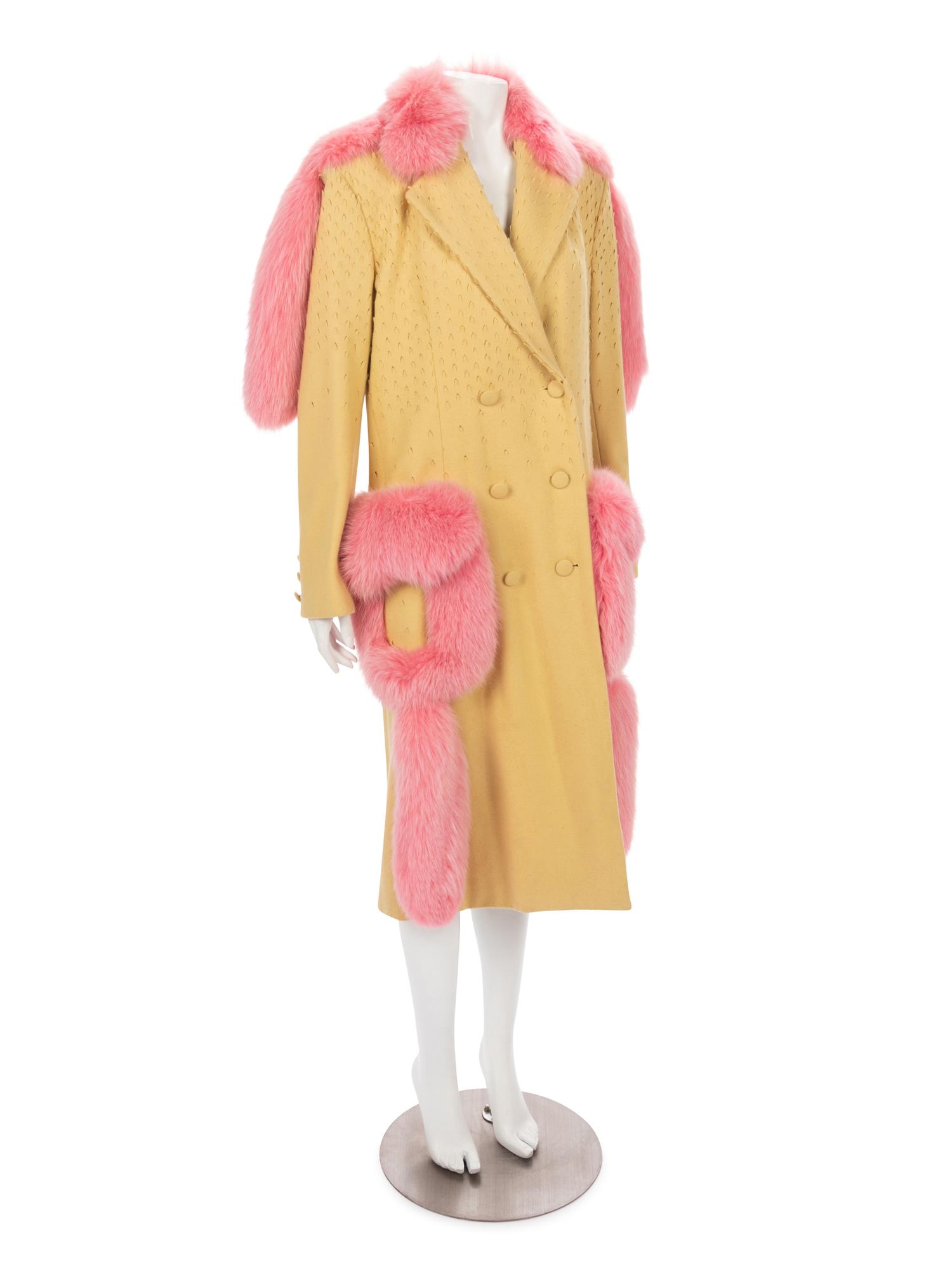 John Galliano Yellow Wool Coat Trimmed with Pink Fox and Matching Shawl, Fall 1997