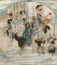 A Chinese Painted Hardstone Inset Hardwood Table Screen