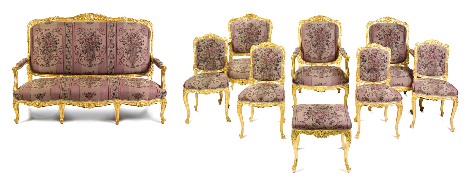 A Louis XV Style Carved Giltwood Salon Suite Height of settee 49 x width 71 1/2 x depth 29 inches. — LATE 19TH/EARLY 20TH CENTURY