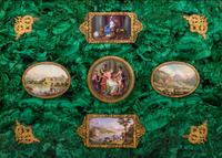 An Enamel Plaque and Gilt Metal Mounted Malachite Veneered Panel in a Giltwood Hinged Frame