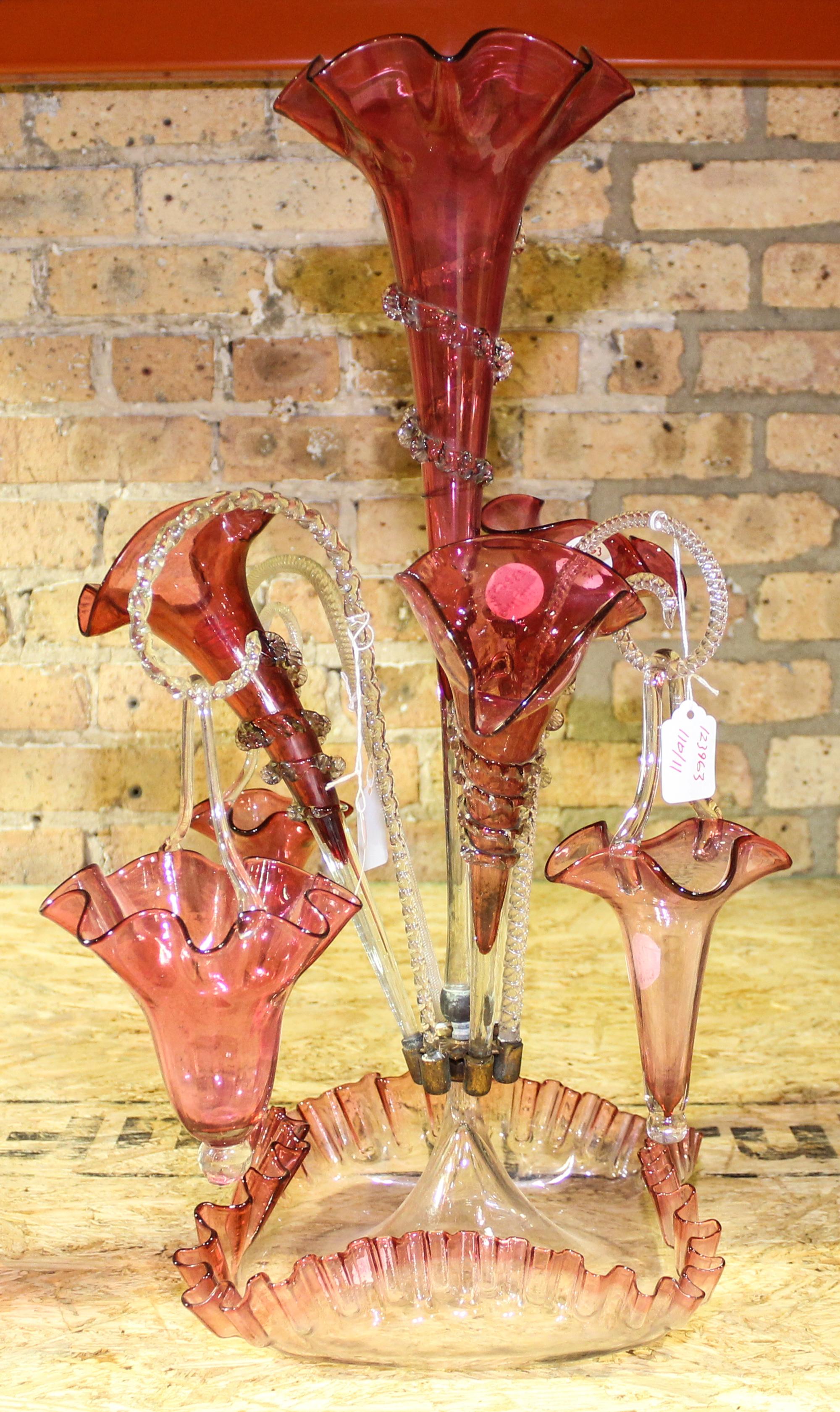 A Cranberry Glass Epergne. Height of 22 3/4 inches.