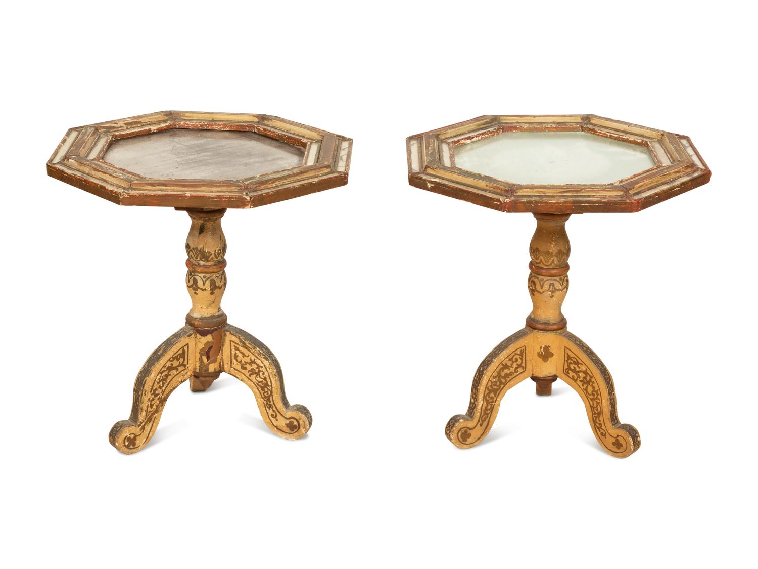 A Pair of Italian Painted and Parcel Gilt Octagonal Side Tables