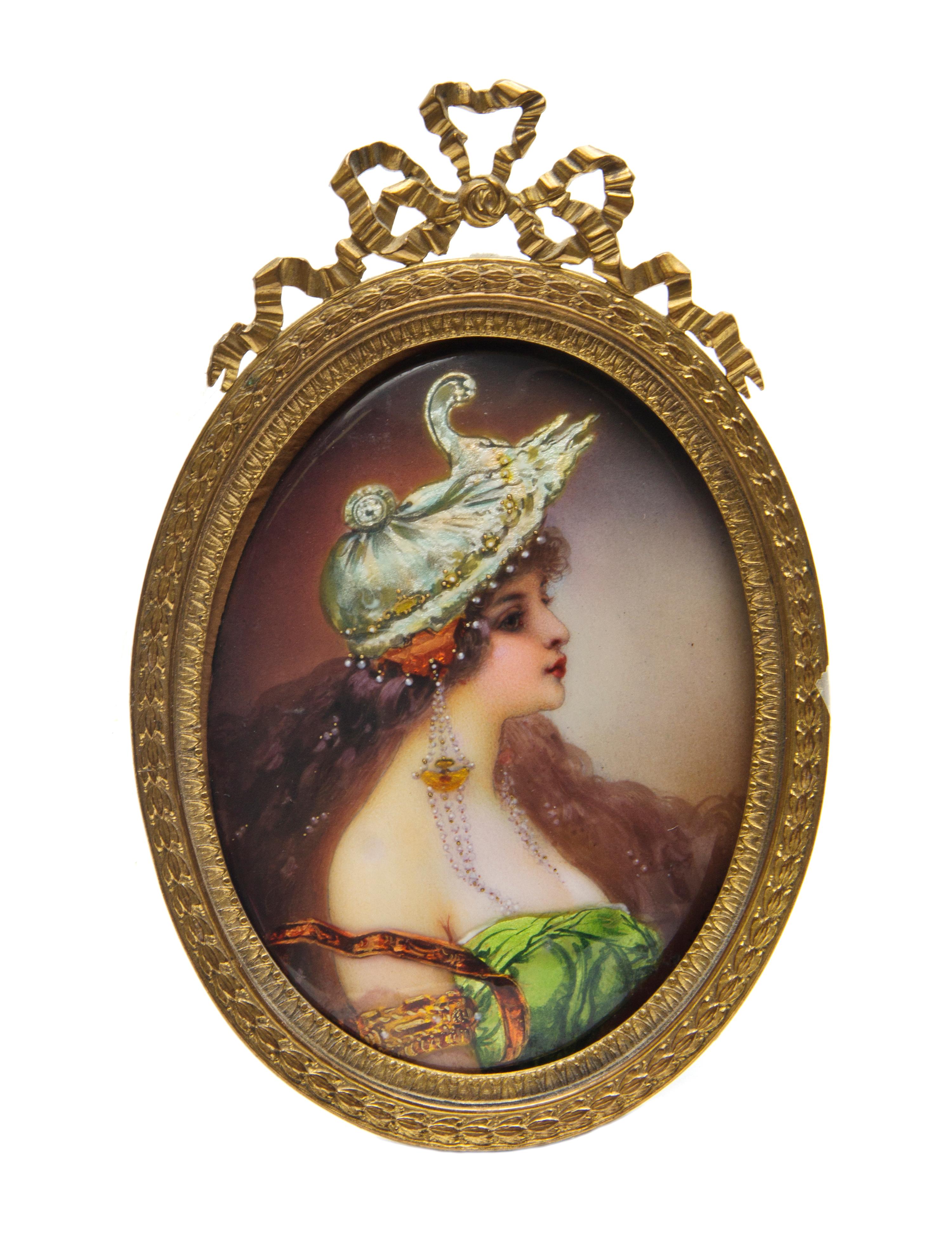 A Limoges Enamel on Copper Portrait Plaque, Height of plaque 3 7/8 inches.
