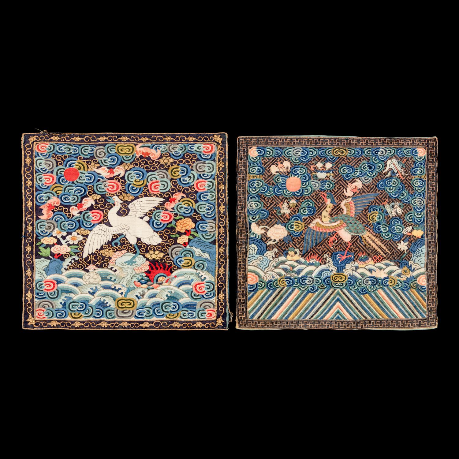 Two Chinese Kesi Silk Civil Official's Rank Badges, Mid-Late Qing Dynasty 清中晚期 醬地緙絲補子兩幅