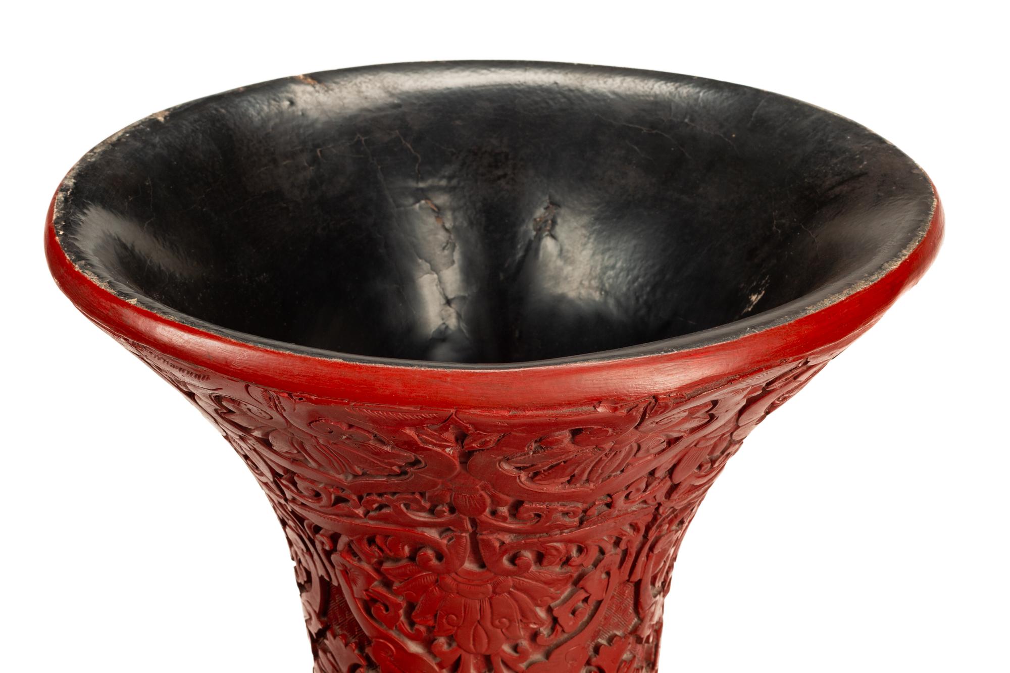 A Pair of Large Chinese Carved Red Lacquer Vases