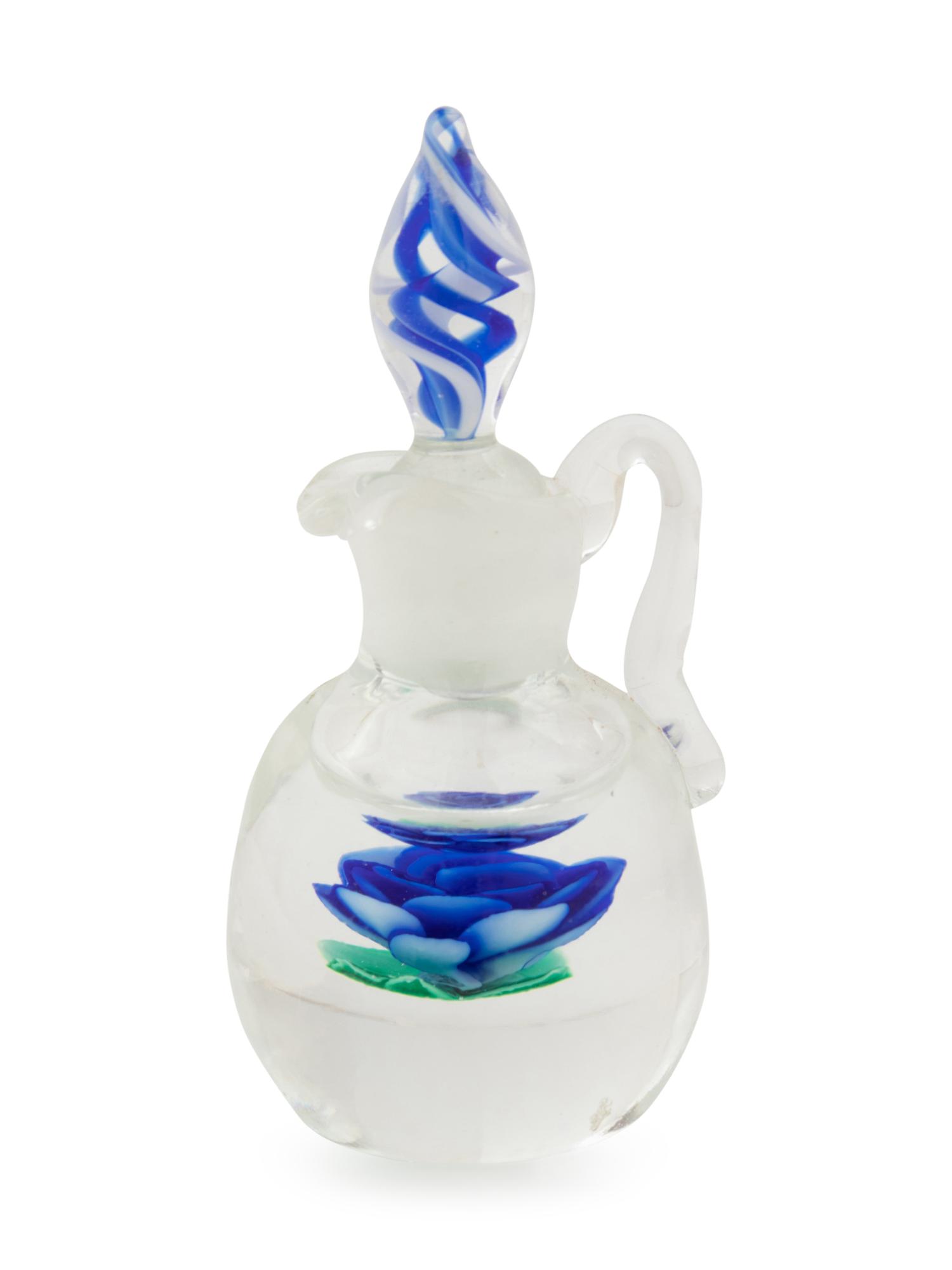A Francis Whittemore Blue Crimp Rose Miniature Glass Bottle with Twist Stopper