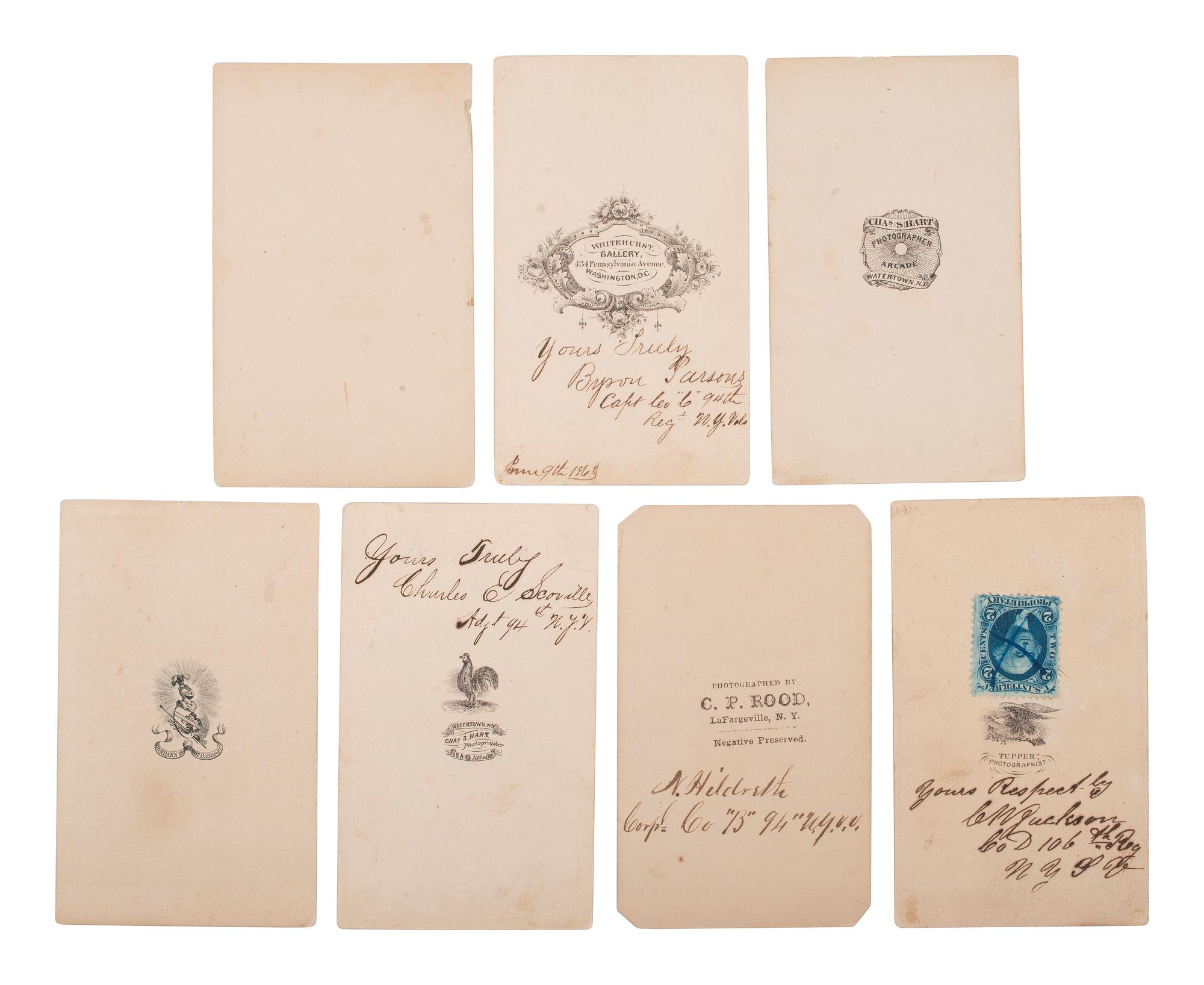 [CIVIL WAR]. A group of 16 CDVs of New York and Connecticut soldiers, highlighted by 10 images of identified members of the 94th New York Infantry, which was heavily engaged at Gettysburg.