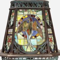 An Arts & Crafts Style Patinated Bronze and Stained Glass Standard Lamp 20th century