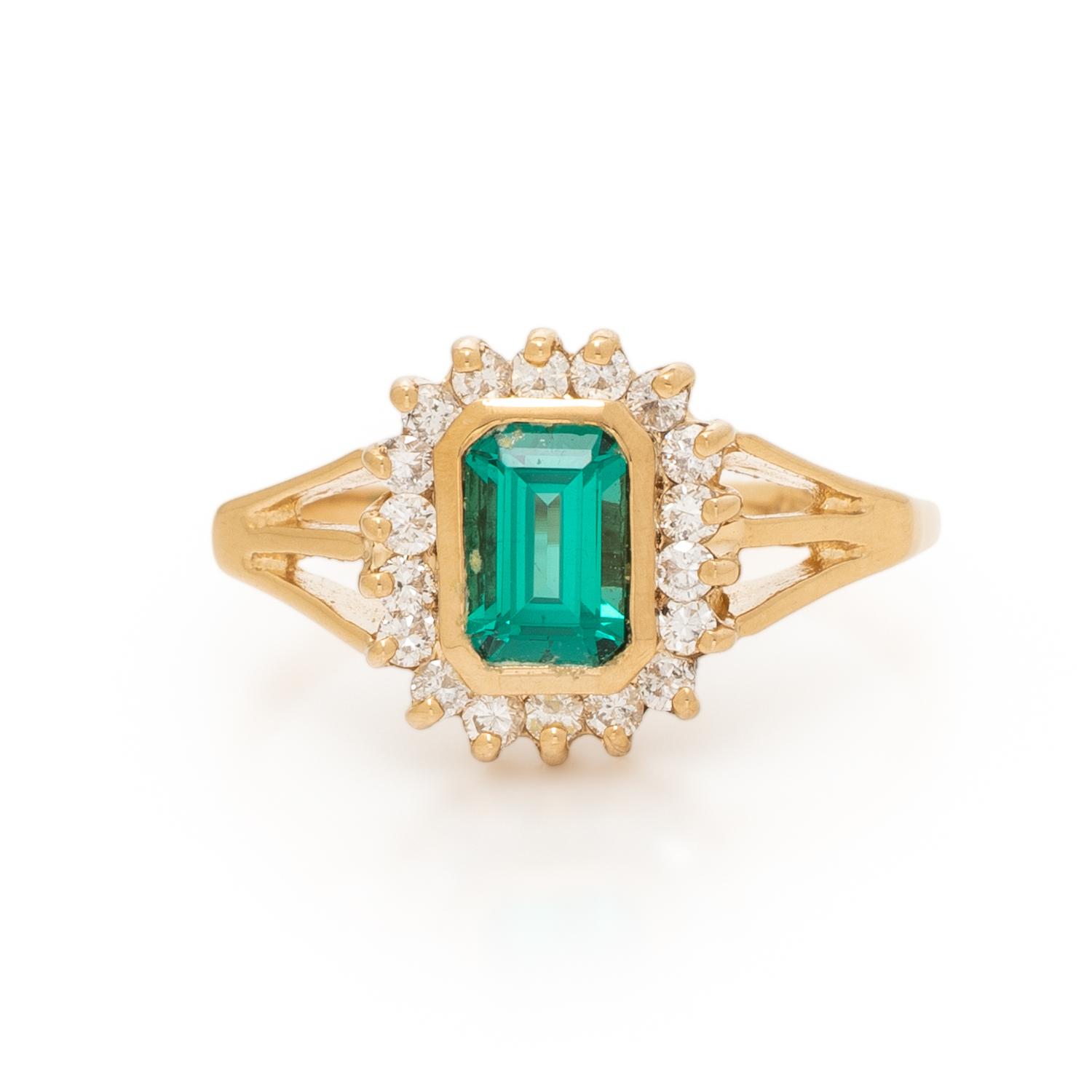 SYNTHETIC EMERALD AND DIAMOND RING