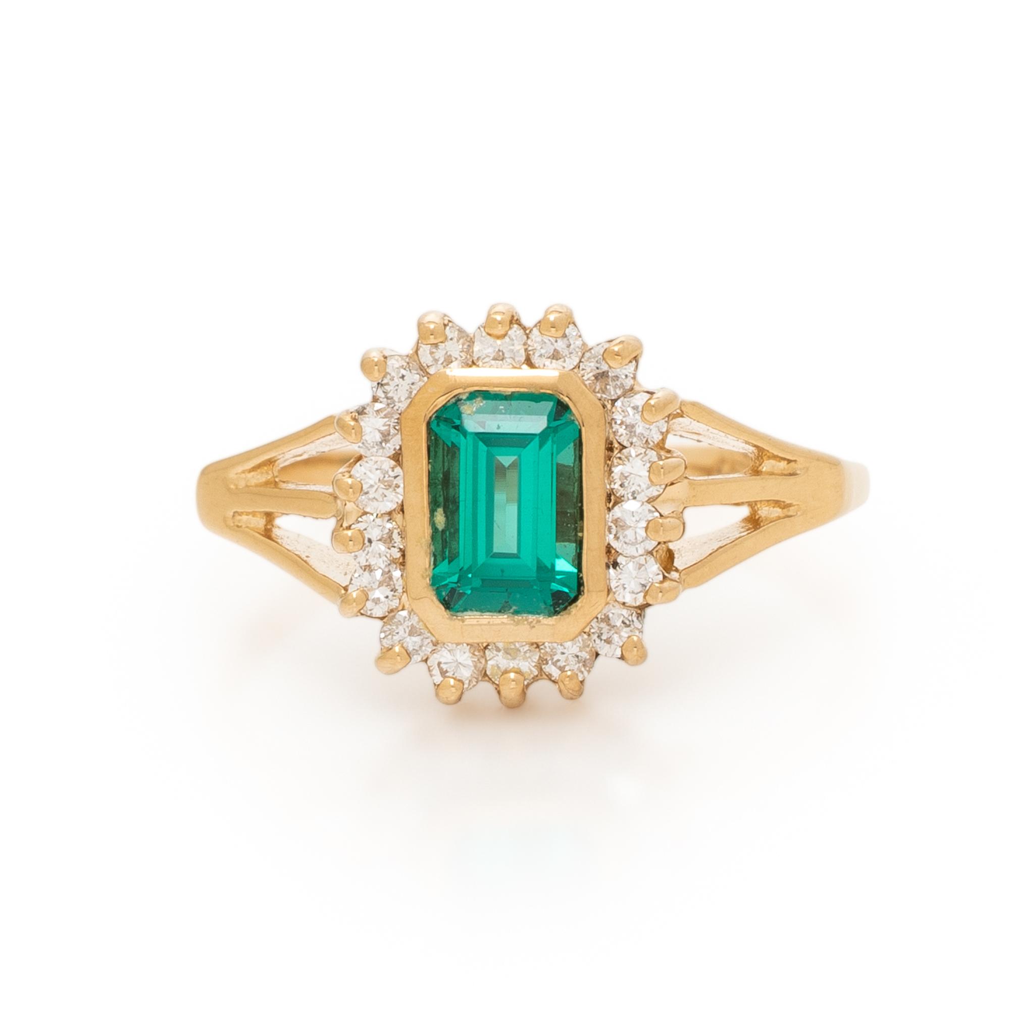 SYNTHETIC EMERALD AND DIAMOND RING