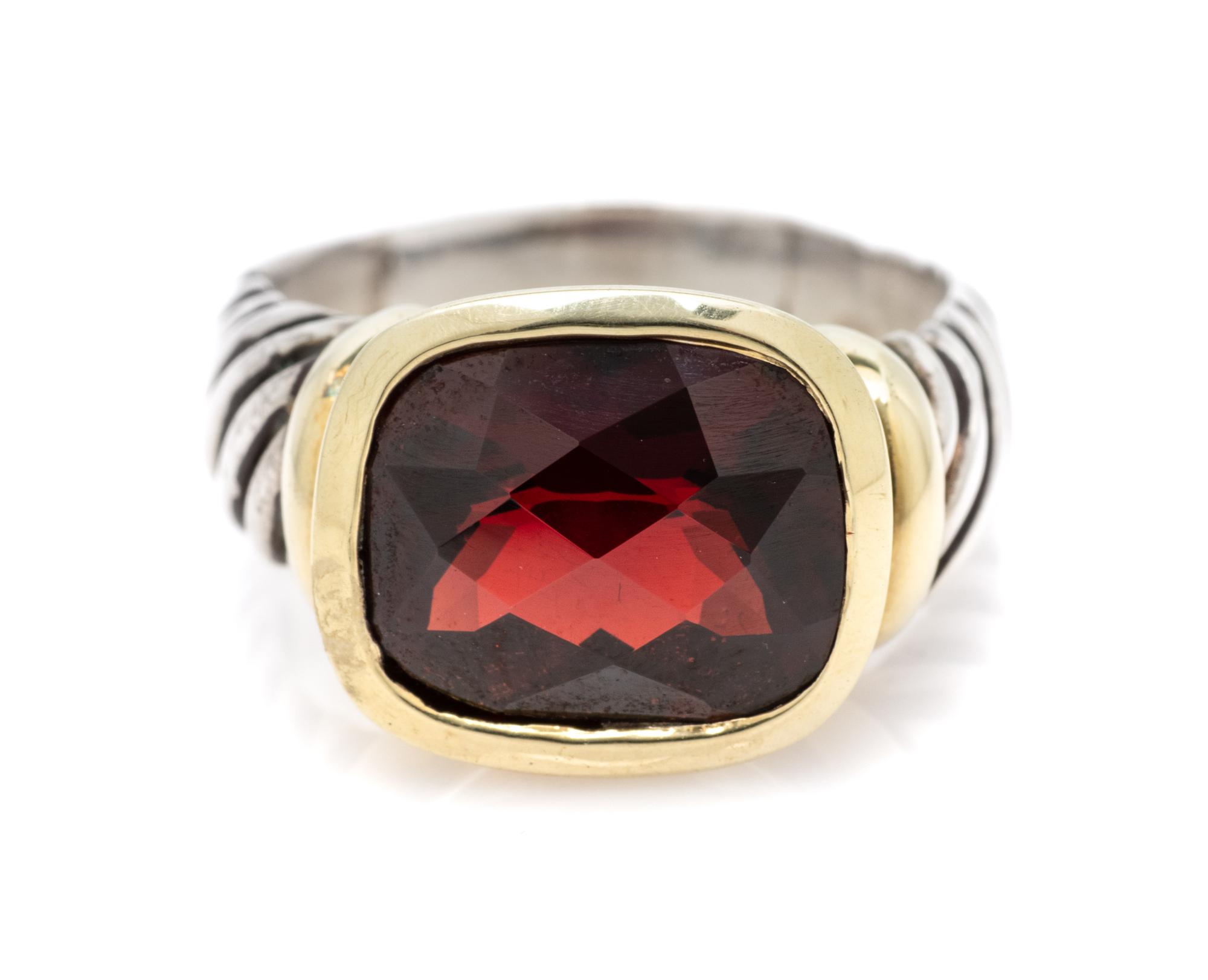 A Sterling Silver, 14 Karat Yellow Gold and Garnet 'Noblesse' Ring, David Yurman, 7.40 dwts.