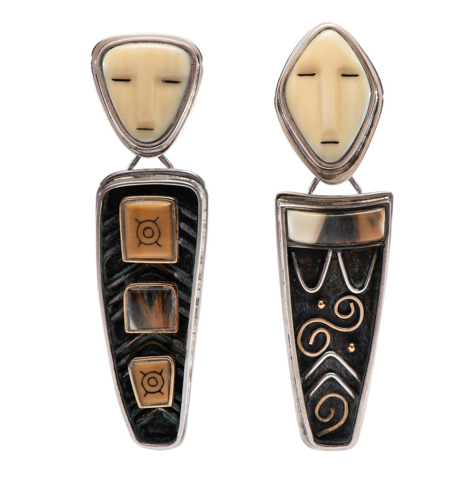 Large & Old Bering Sea , 1995 Sterling Silver Earrings, Accented with 14K Gold and Set with Fossilized Walrus Ivory Lot is located and will ship from Denver, Colorado.