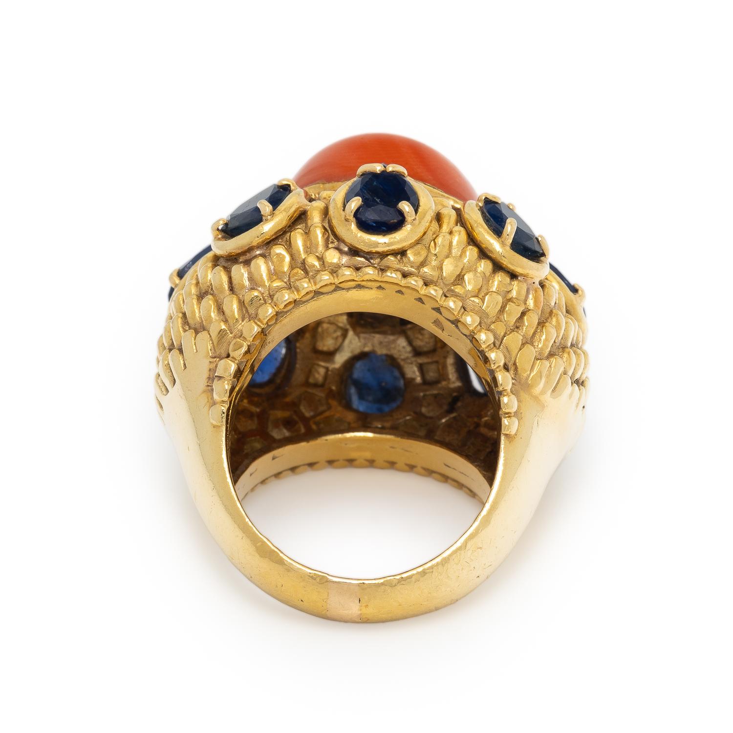 CORAL, SAPPHIRE, AND YELLOW GOLD RING