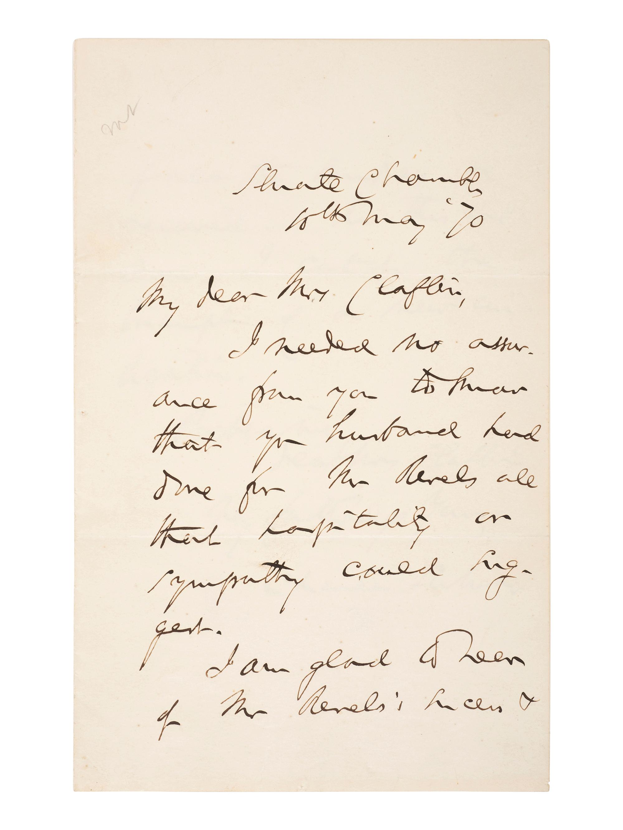 [AFRICAN AMERICANA]. SUMNER, Charles (1811-1874). ALS from Charles Sumner, thanking Massachusetts Governor for hosting Hiram Revels, first Black senator. "Senate Chambers," 10 May 1870.