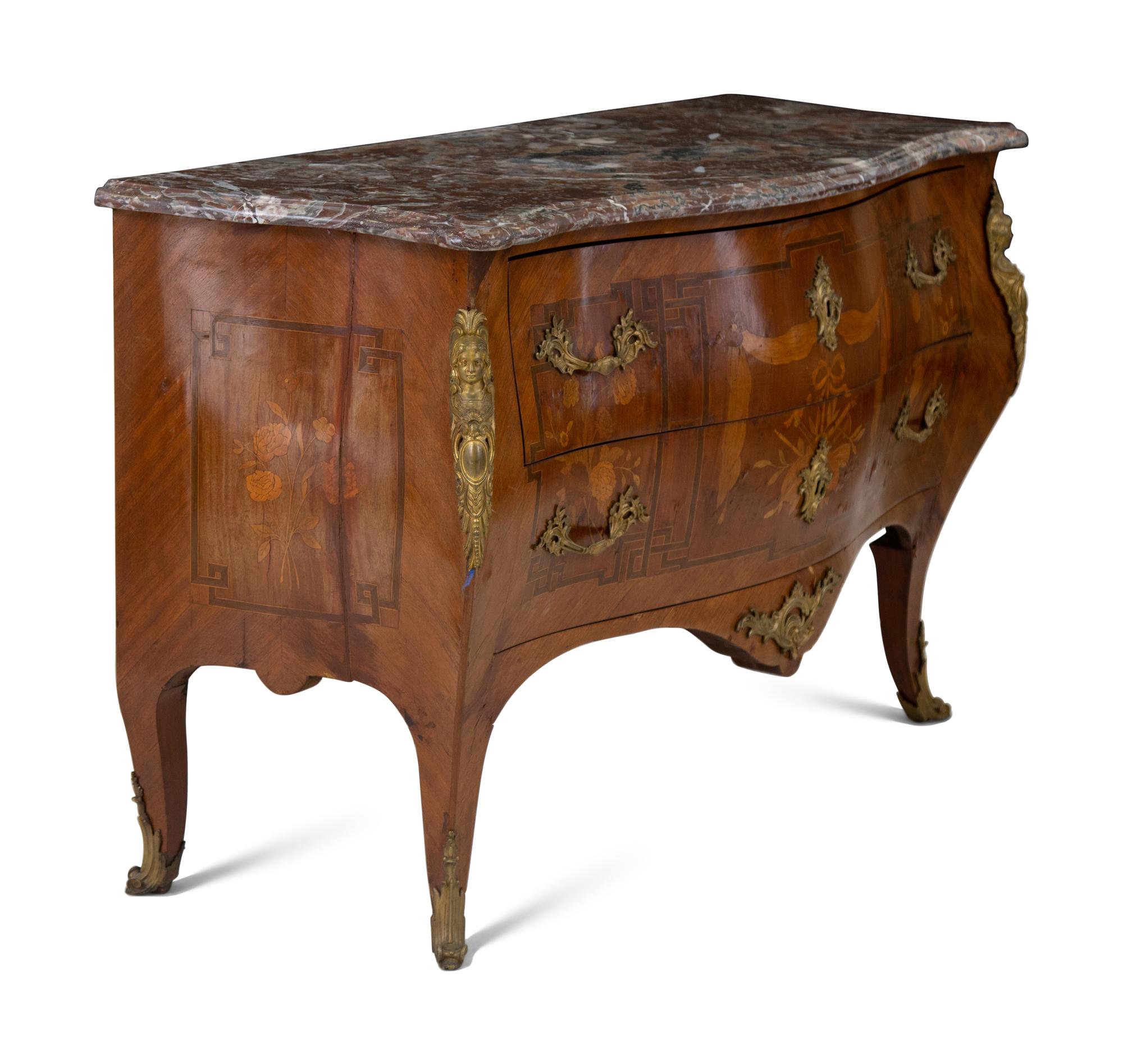 A Louis XV Style Gilt Bronze Mounted Marquetry and Kingwood Marble-Top Bombé Commode