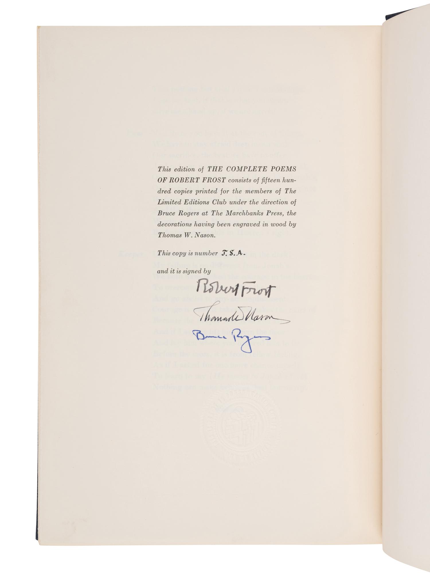 FROST, Robert (1874-1963). The Complete Poems. New York: The Limited Editions Club, 1950.