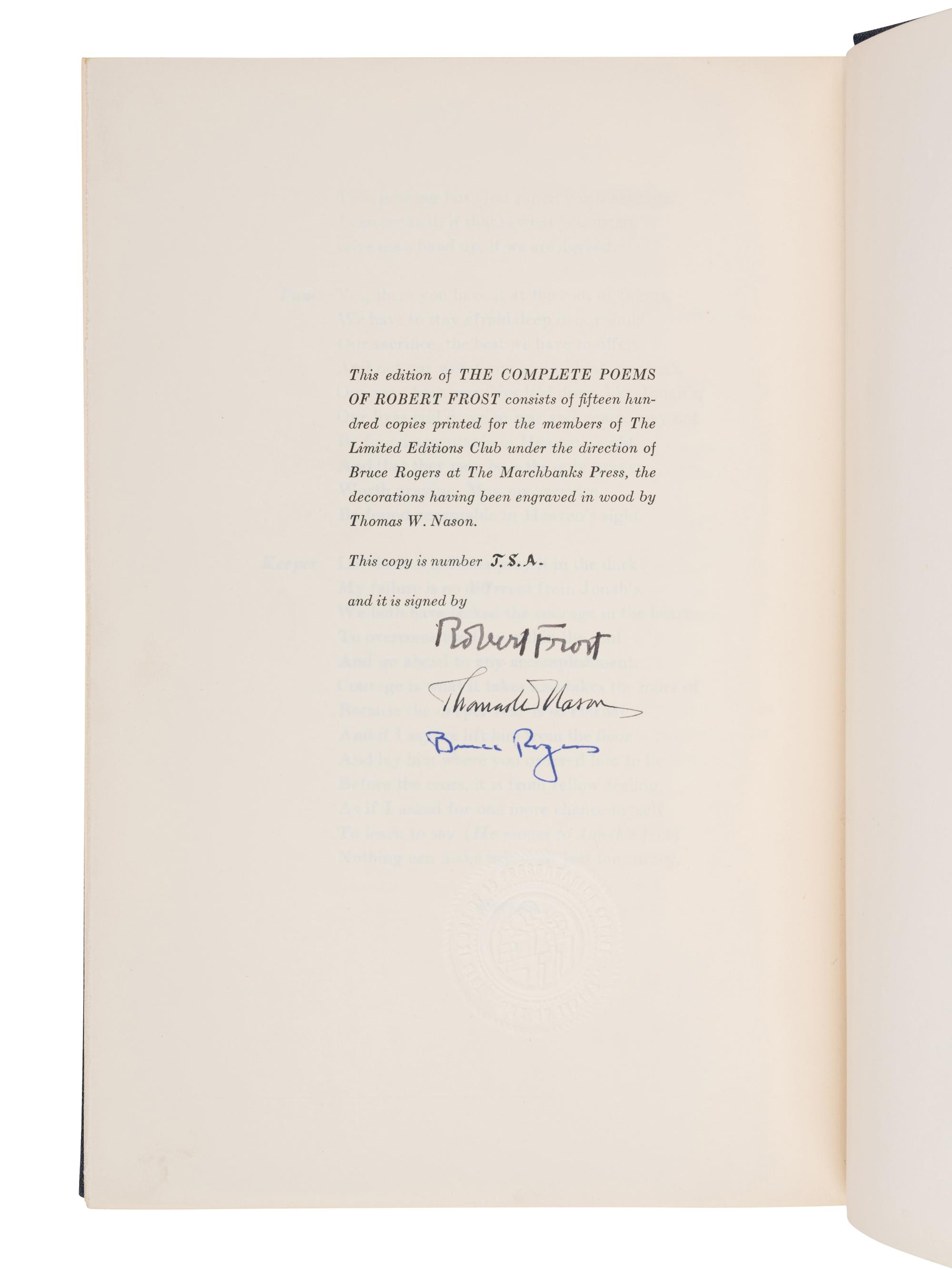 FROST, Robert (1874-1963). The Complete Poems. New York: The Limited Editions Club, 1950.