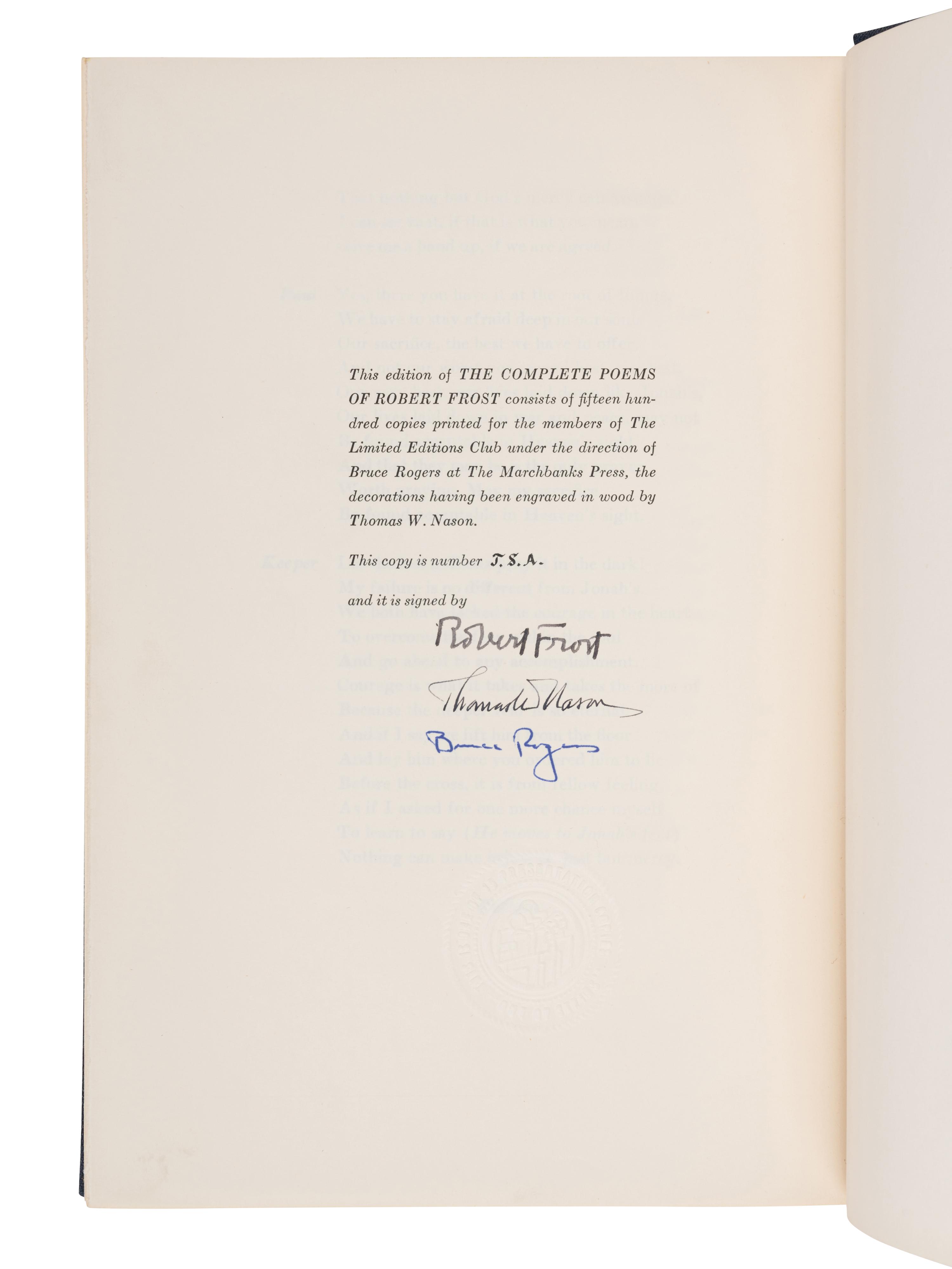 FROST, Robert (1874-1963). The Complete Poems. New York: The Limited Editions Club, 1950.